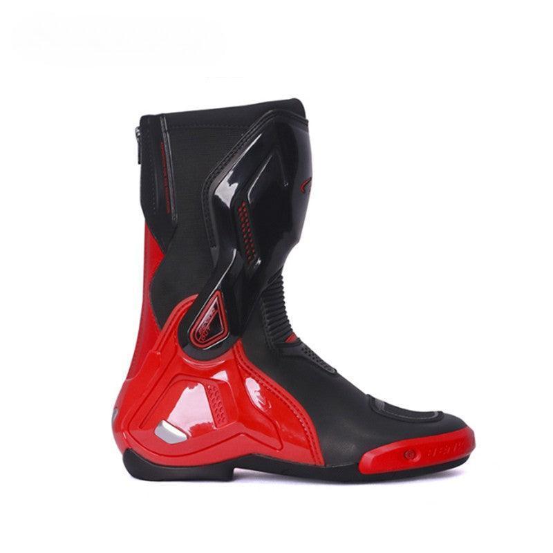 Bean's Moto Booth BENKIA™ titanium alloy motorcycle riding boots with reinforced ankle protection and durable black leather construction.