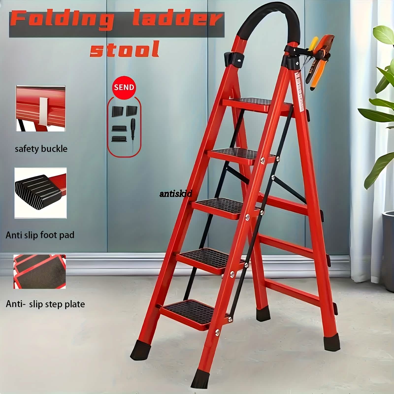 Portable steel folding 3/4-step ladder with anti-slip steps, ideal as a kitchen step stool for safe, easy access.