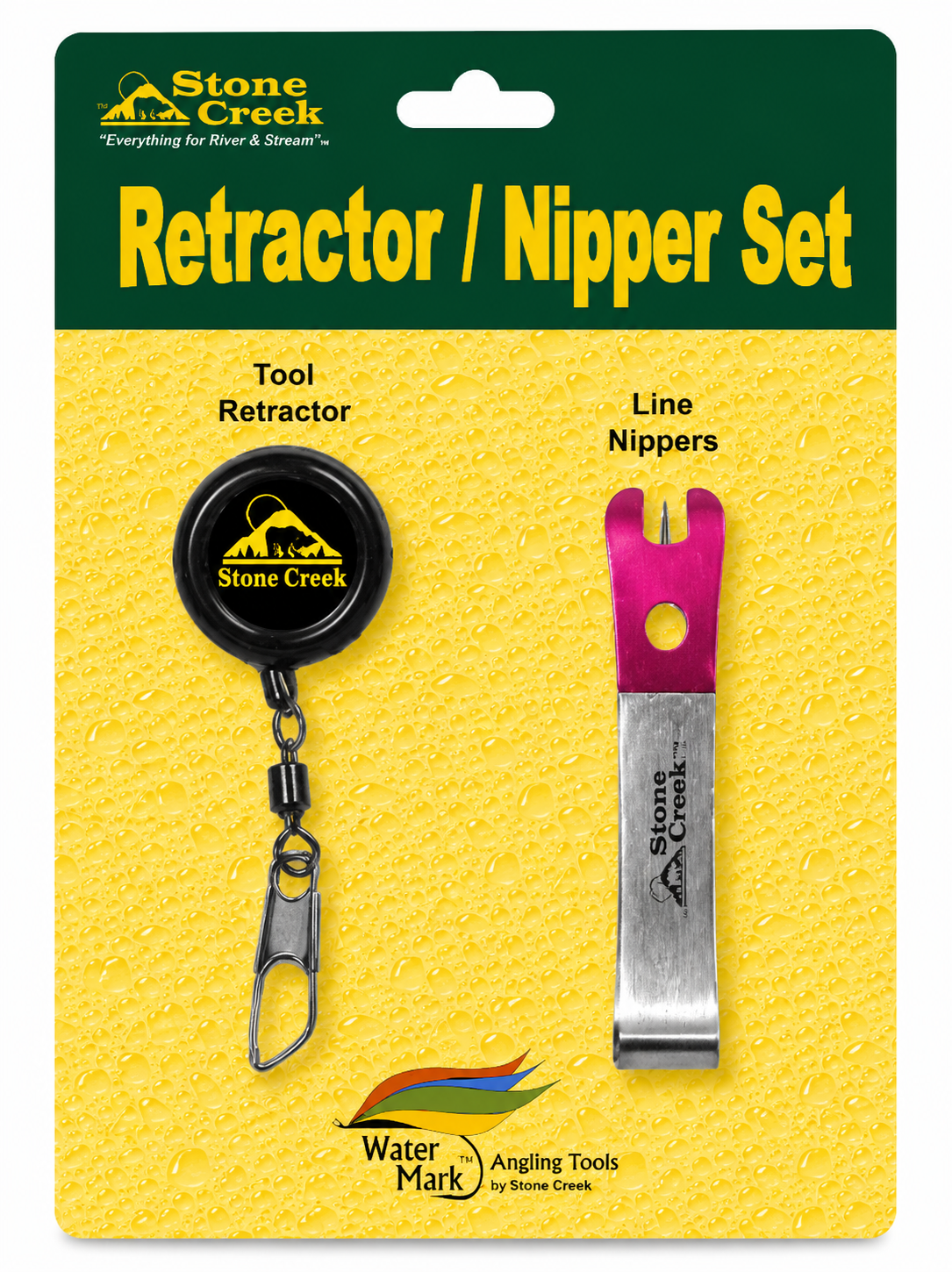 Stone Creek Outfitters retractor and nipper set with stainless steel tools for fishing or outdoor use, showing the tools' handles and tips.