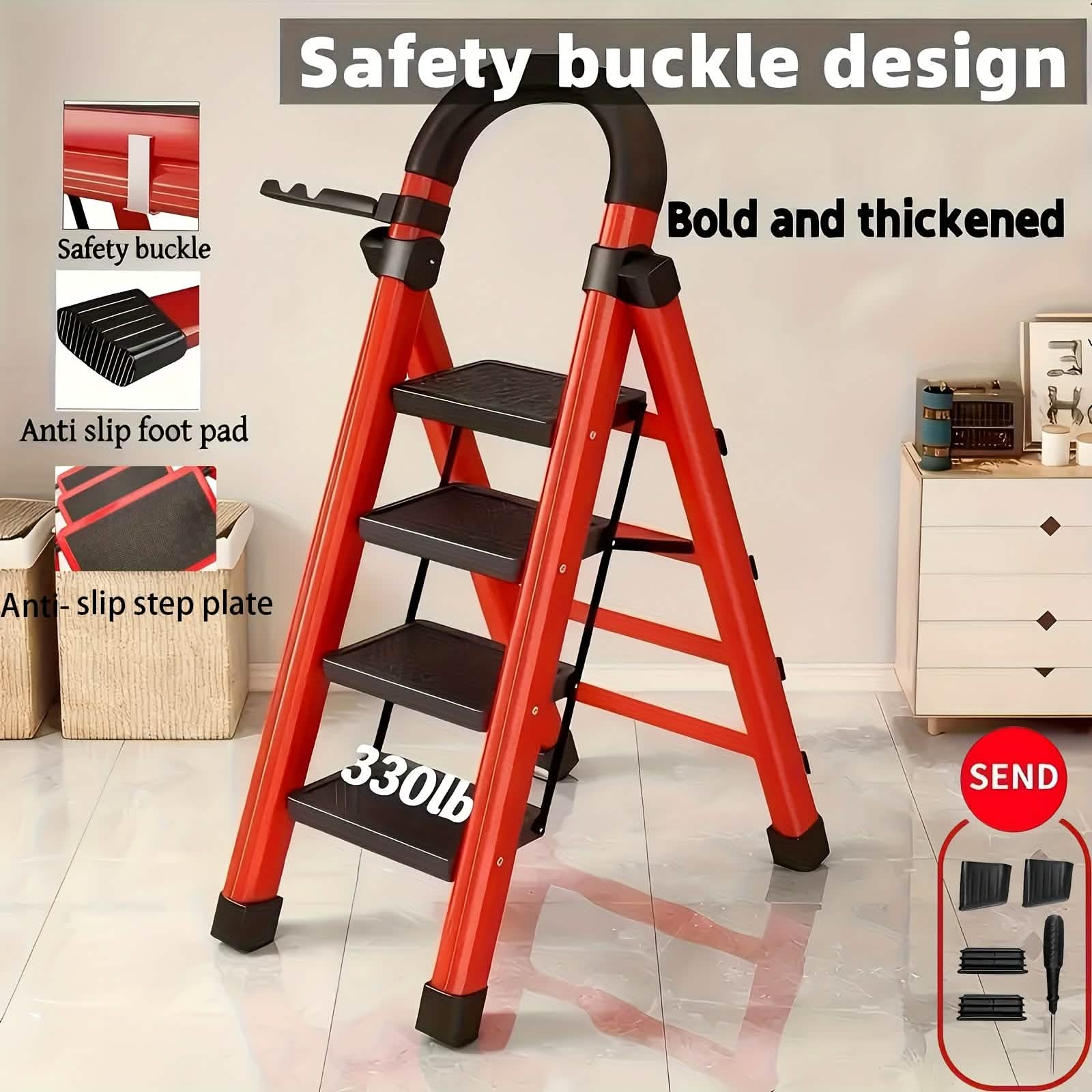 Portable steel folding 3/4-step ladder with anti-slip steps, ideal as a kitchen step stool for safe, convenient use