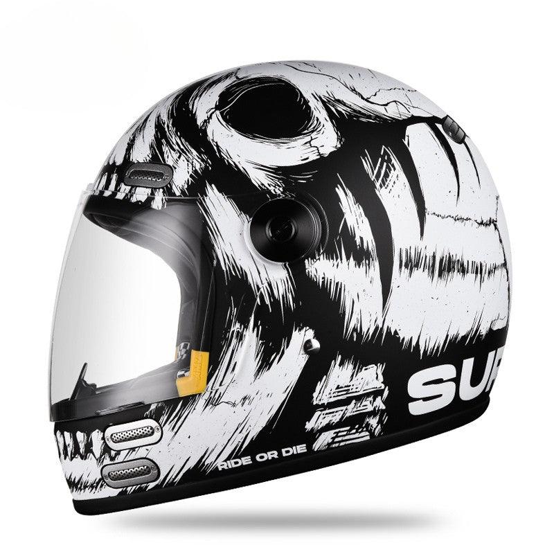 Bean's Moto Booth AMZ™ Demon Eye Retro Cruiser Helmet with black and red design, featuring a vintage-style motorcycle helmet with demon eye graphics.
