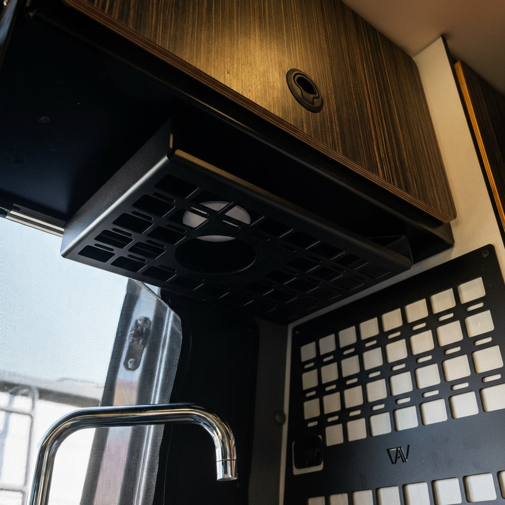Revel undercabinet shelf by Canyon Adventure Vans, made in Utah, mounted under cabinet with visible wood finish and sturdy design.