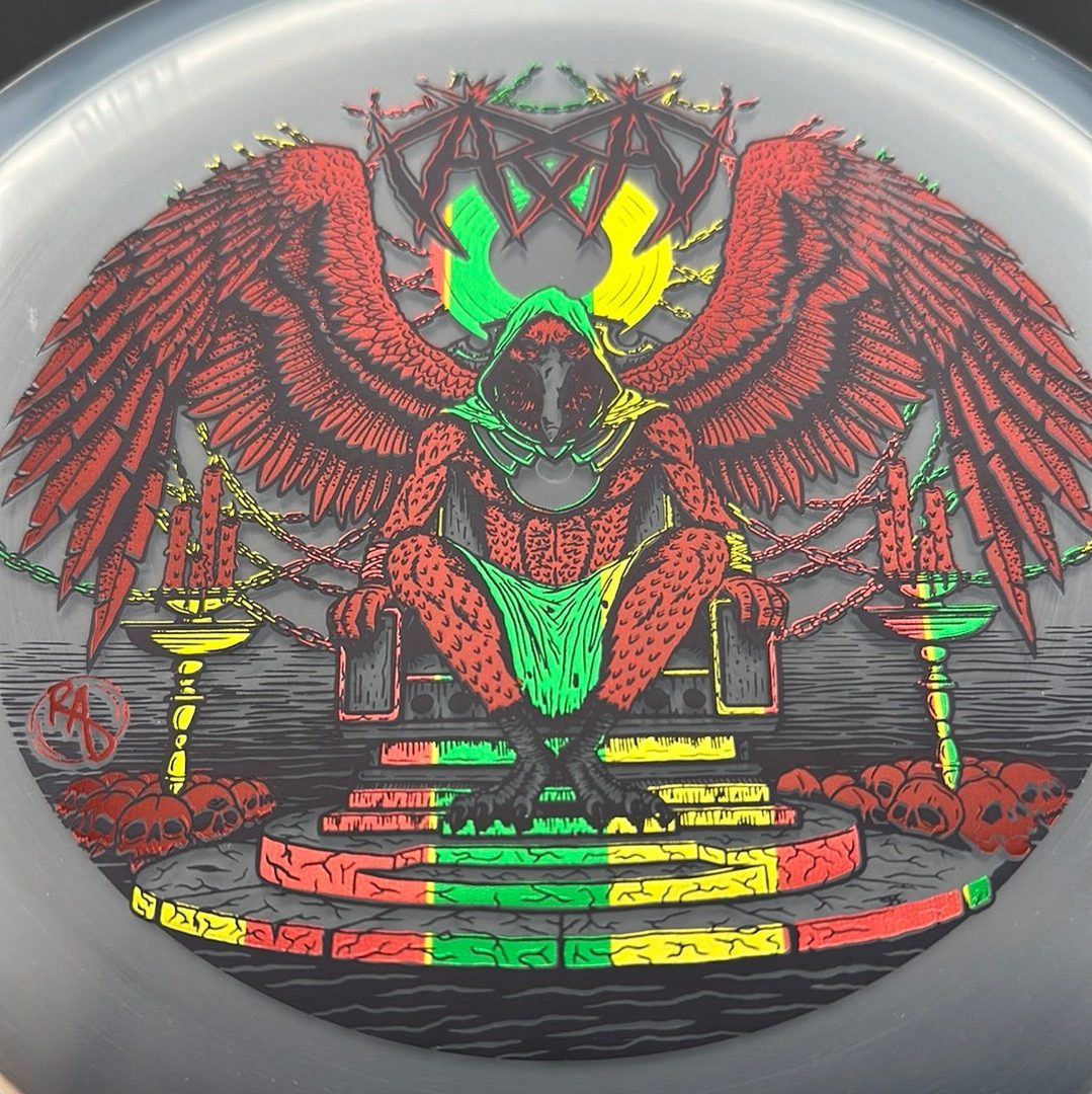 CryZtal Buzzz disc golf disc by Rare Air Discs featuring Karudi the Overseer artwork, with vibrant colors and detailed design.