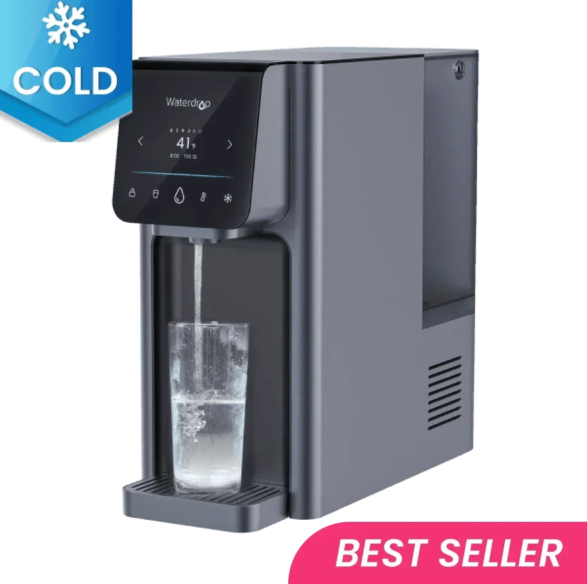 Green Vista Living Waterdrop reverse osmosis hot and cold water dispenser with digital display and sleek design.