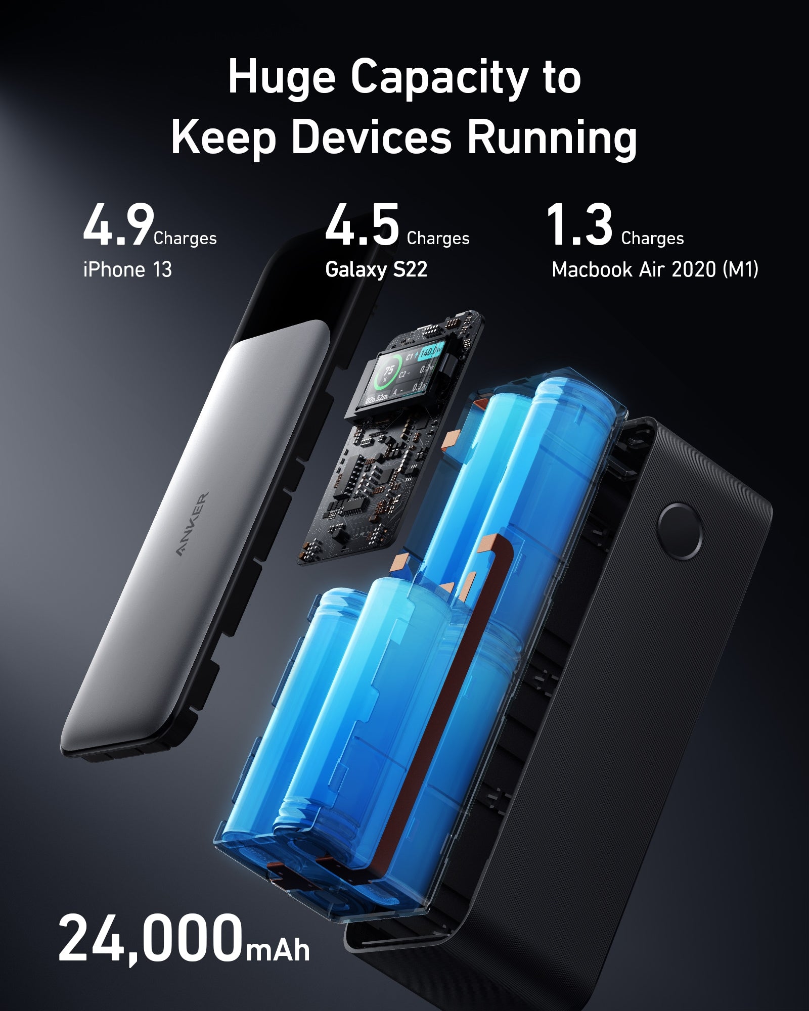 Anker PowerCore 24K portable power bank showing its compact design and USB-C charging port for mobile devices.