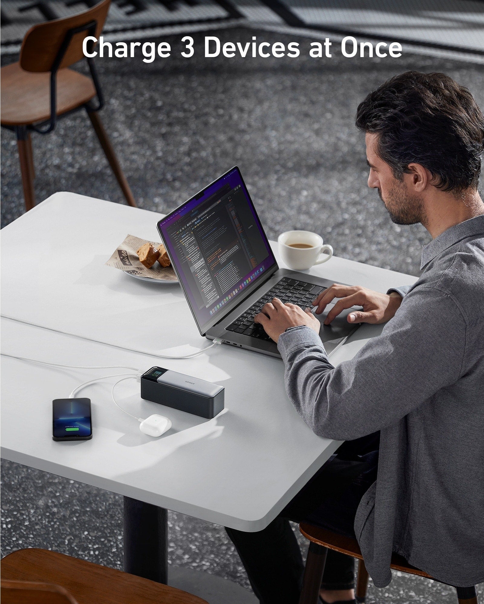 Anker 737 Power Bank (PowerCore 24K) showing a sleek, compact portable charger with multiple USB ports for charging devices.