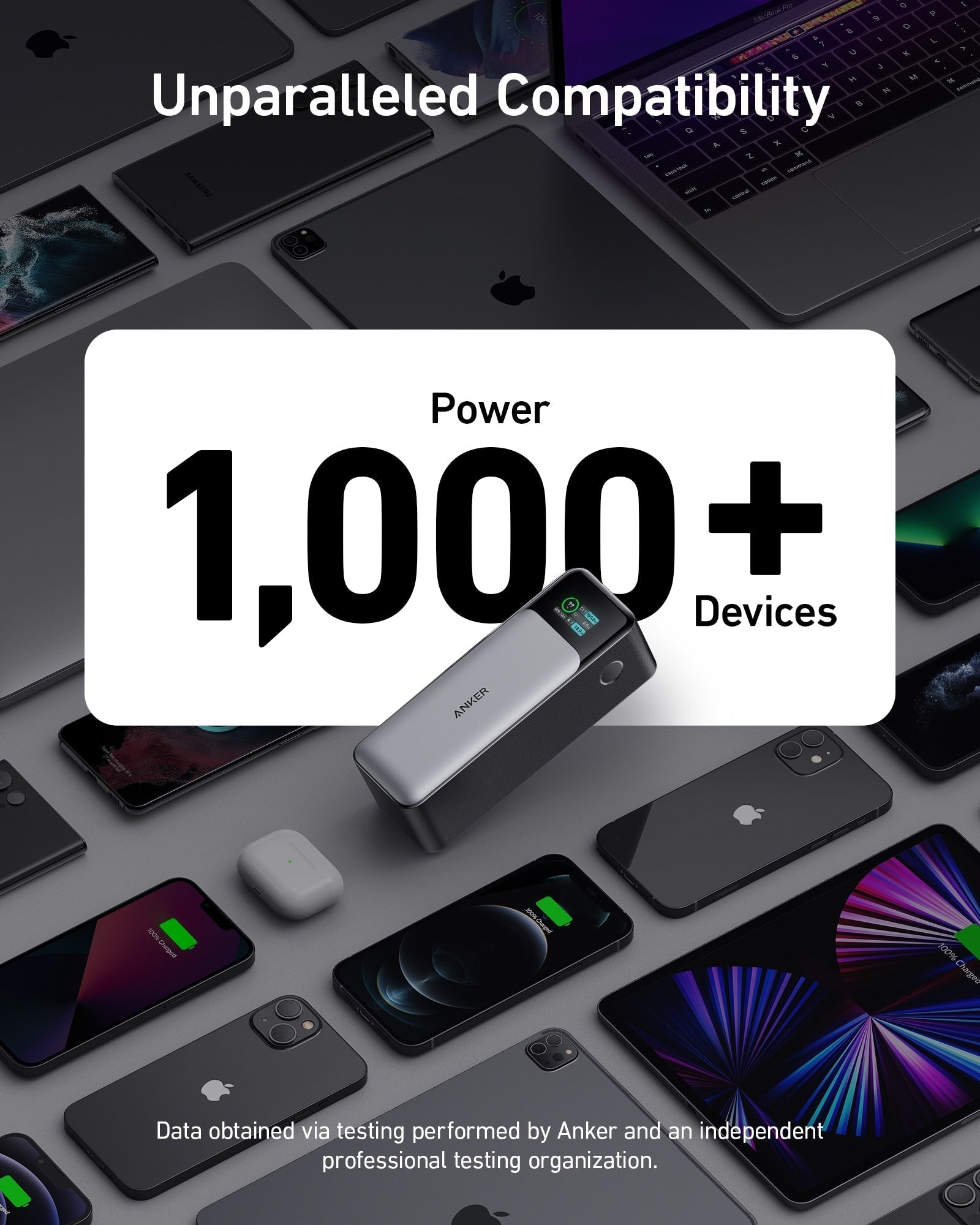 Anker 737 PowerCore 24K portable power bank for charging devices, shown with USB ports and compact design.