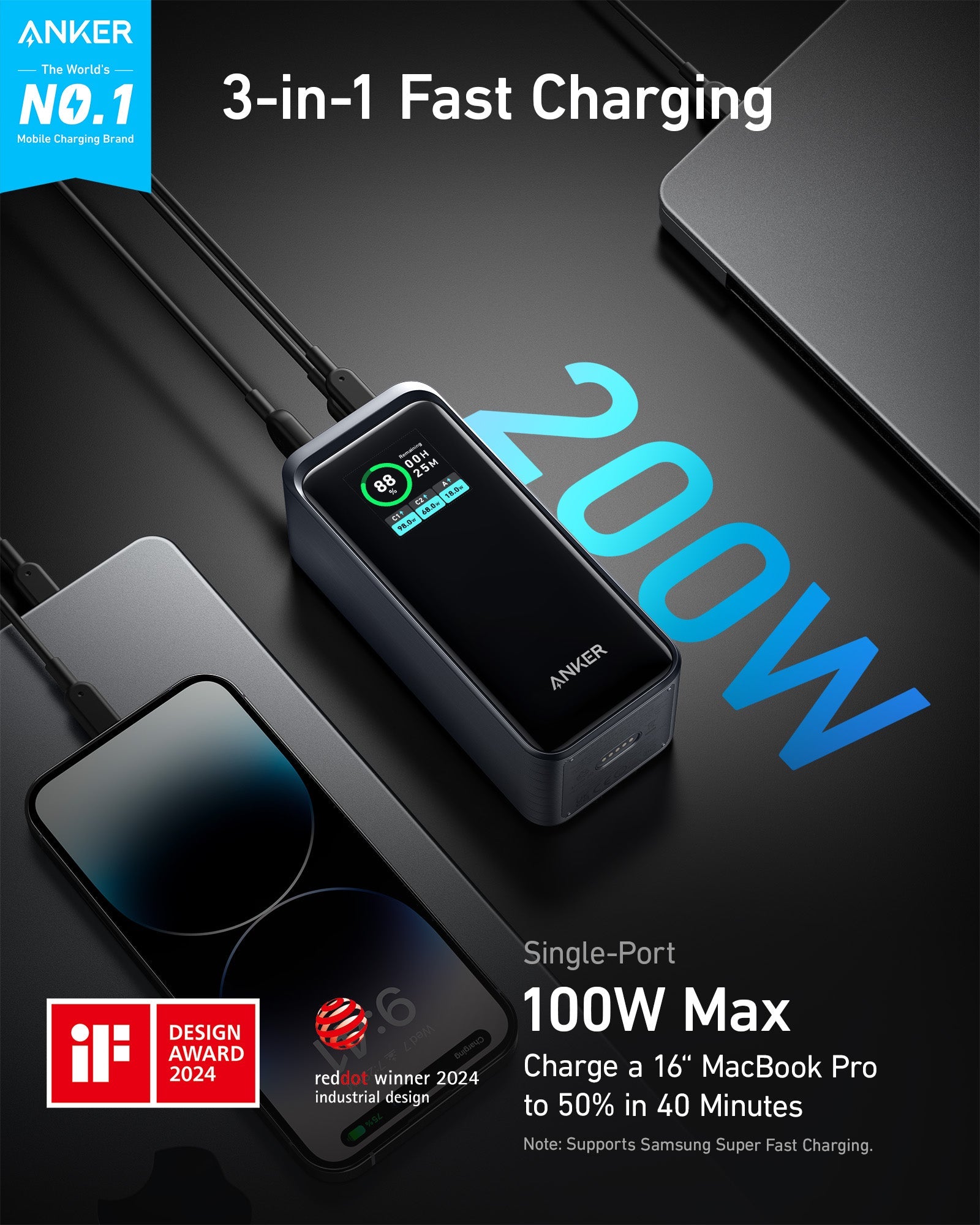 Anker Prime 20K 200W power bank for charging devices, shown with sleek black design and multiple output ports.