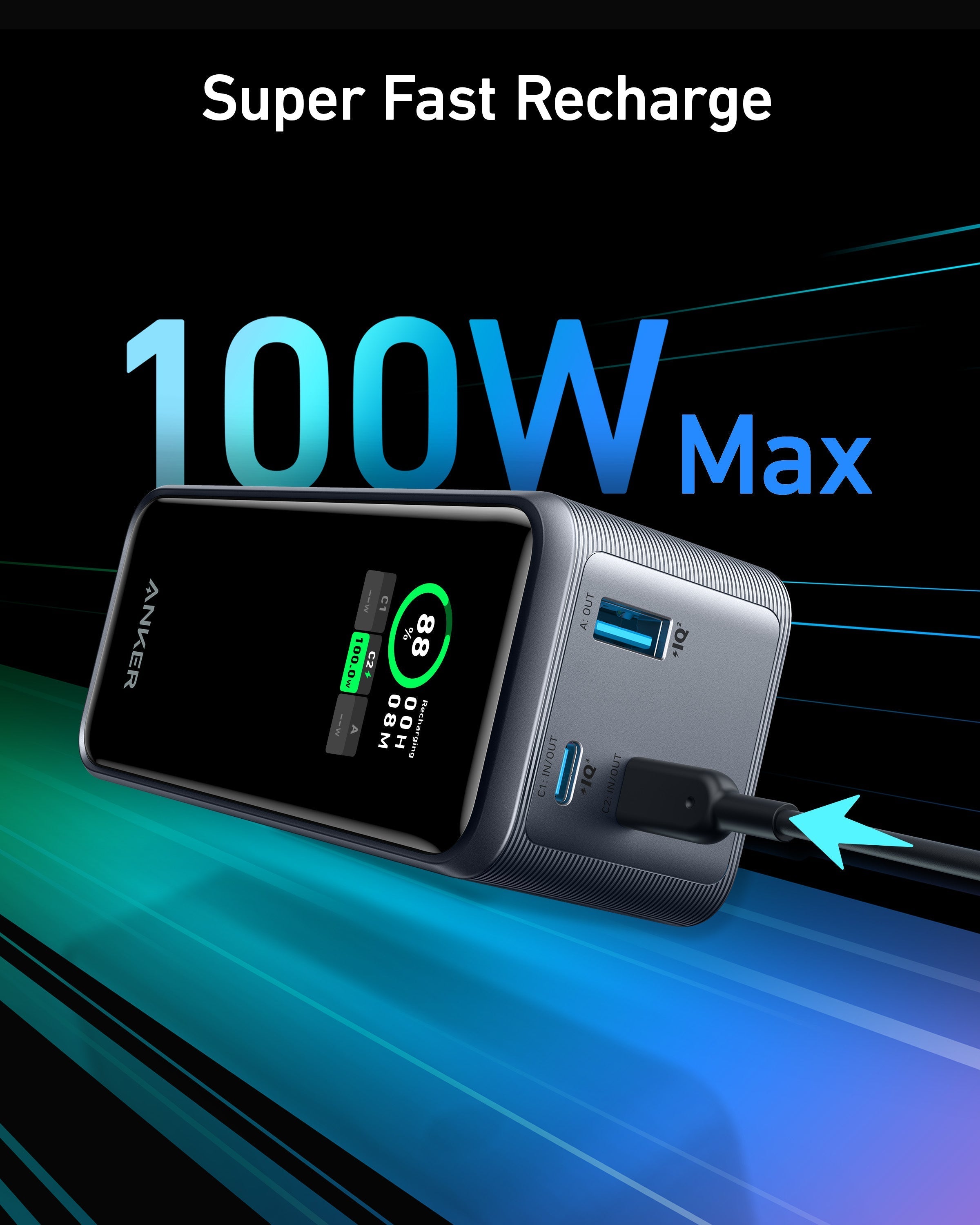 Anker Prime 20,000mAh 200W power bank for charging devices, featuring a sleek design with multiple USB-C ports