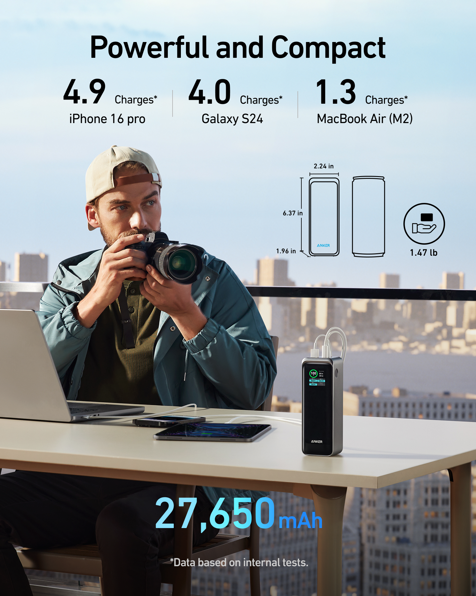 Anker Prime 27K 250W power bank for charging devices, with sleek black design and multiple ports for versatile charging.