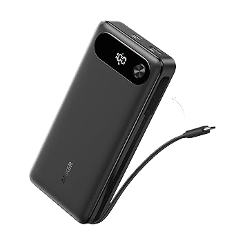 Anker Power Bank 20K with built-in USB-C cable and 87W output, portable external battery for charging devices.