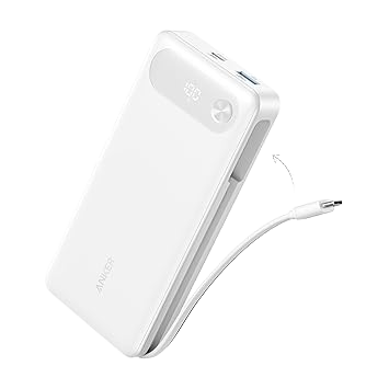 Anker 20K Power Bank with 87W output and built-in USB-C cable, portable external battery for charging devices.