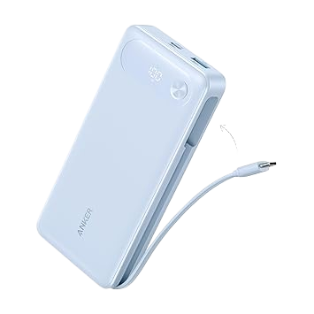 Anker Power Bank 20K with 87W output featuring a built-in USB-C cable, compact portable charger for smartphones and devices.
