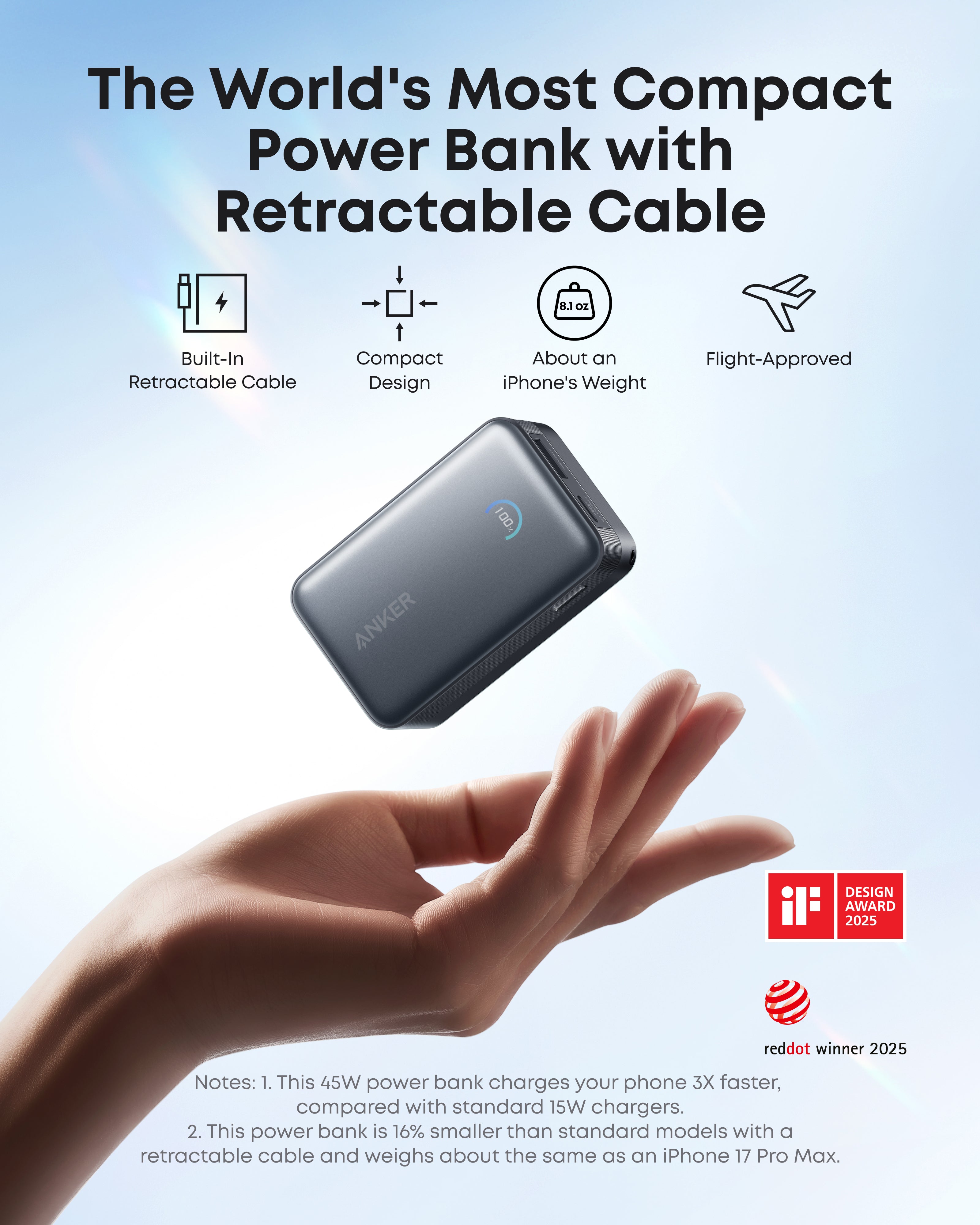 Anker Nano 10K Power Bank with 45W fast charging and built-in retractable USB-C cable, compact portable power source.
