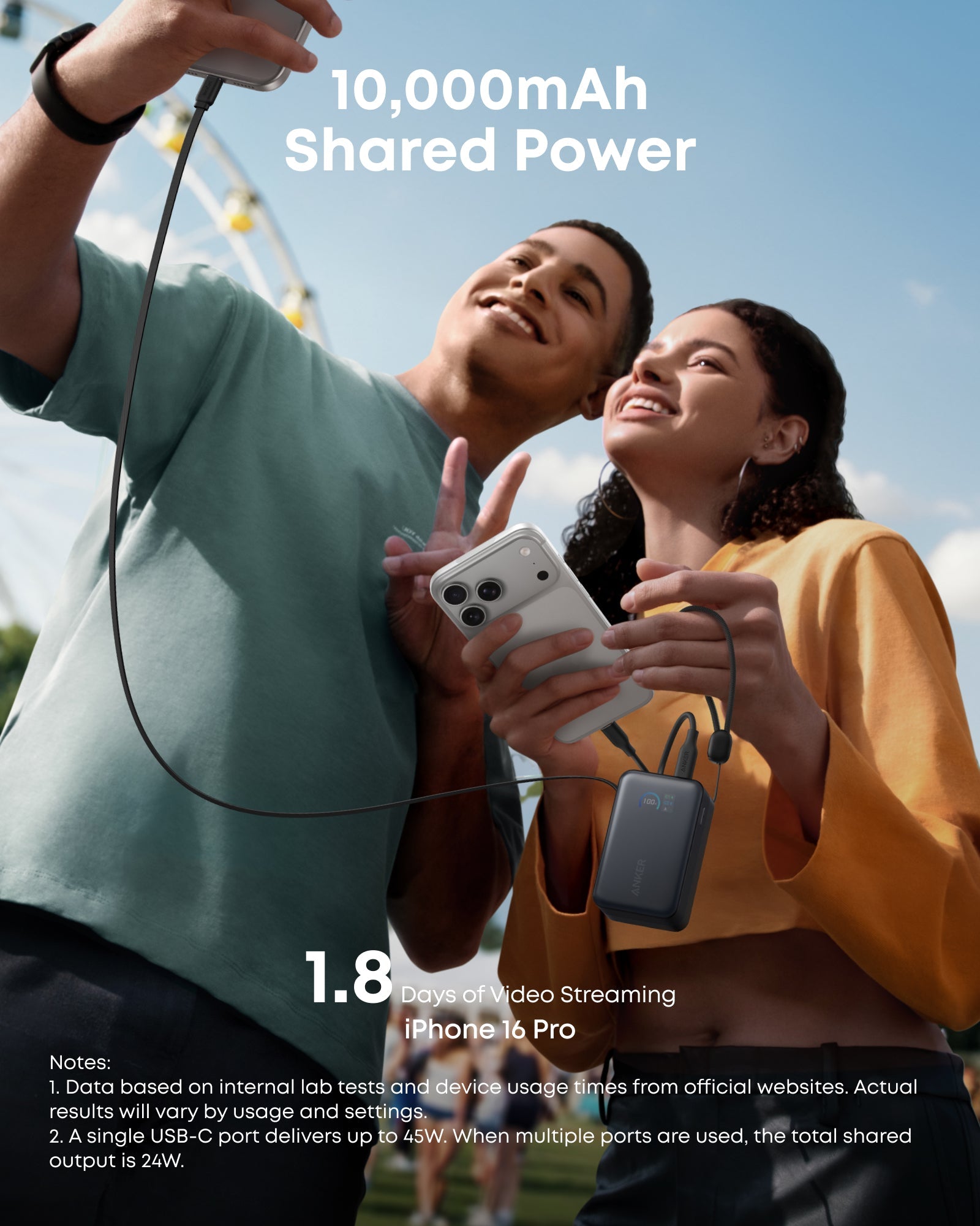 Anker Nano Power Bank 10K with 45W output and built-in retractable USB-C cable, compact portable charger for devices