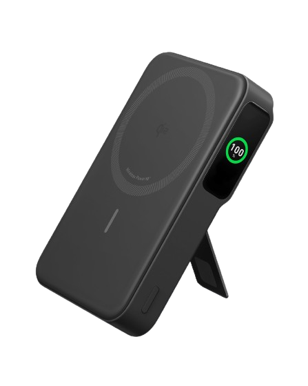 Anker MagGo Power Bank 10K showing sleek black design and USB-C port for portable device charging.