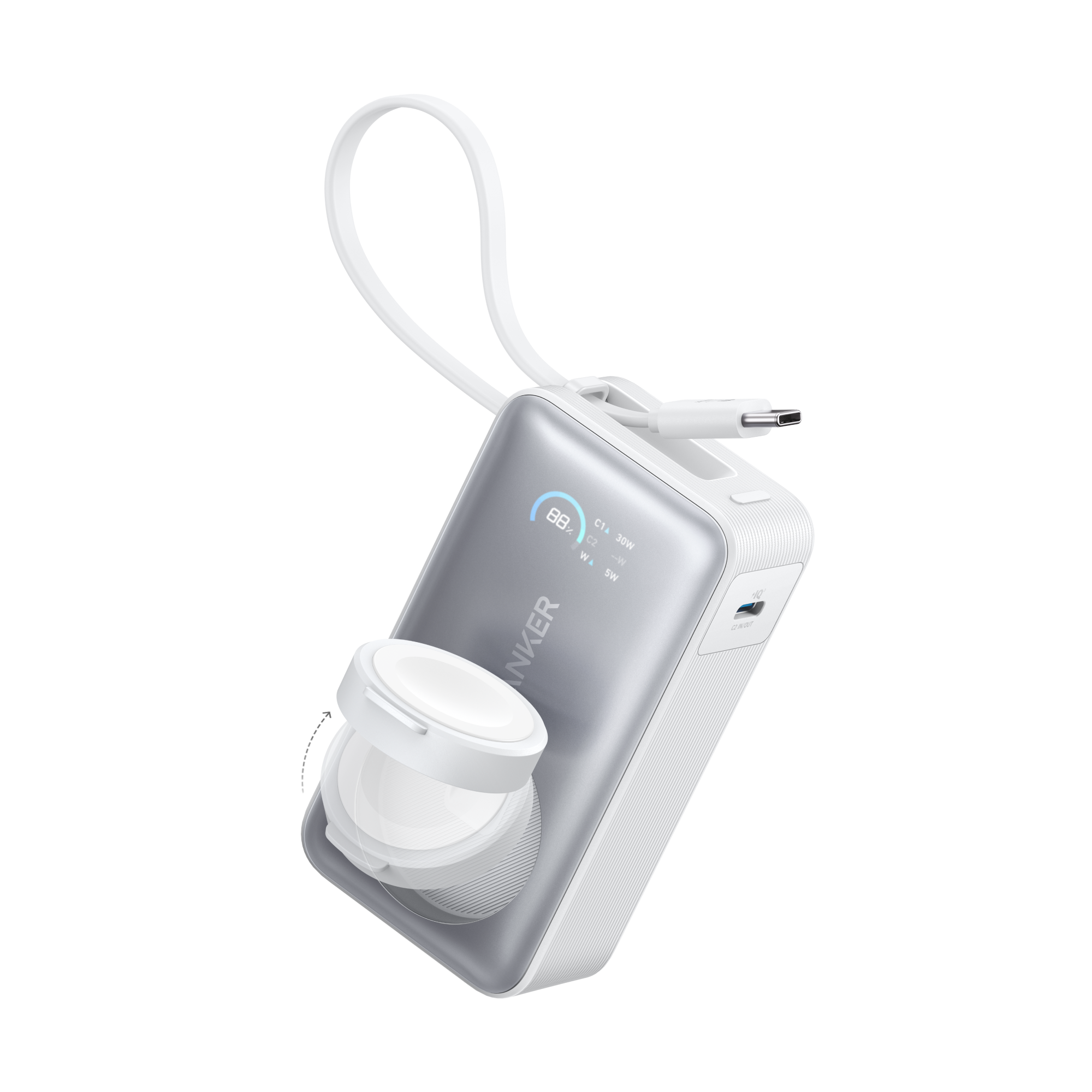 Anker MagGo 10K 35W power bank with Apple Watch charging pad, compact portable design for iPhone and Apple Watch accessories.