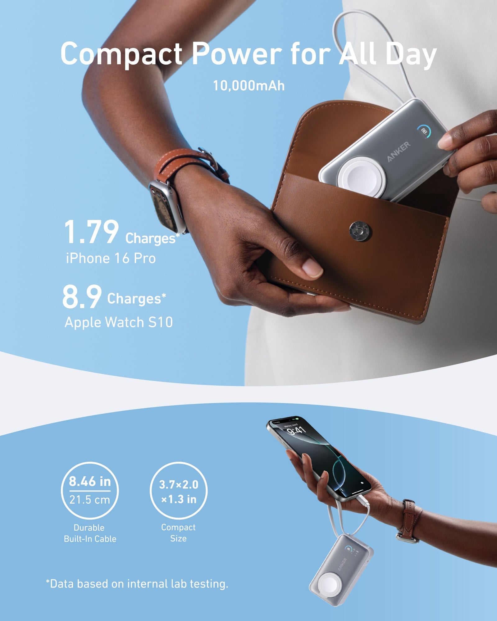 Anker MagGo 10K 35W Power Bank for Apple Watch, compact portable charger with magnetic attachment and sleek design.