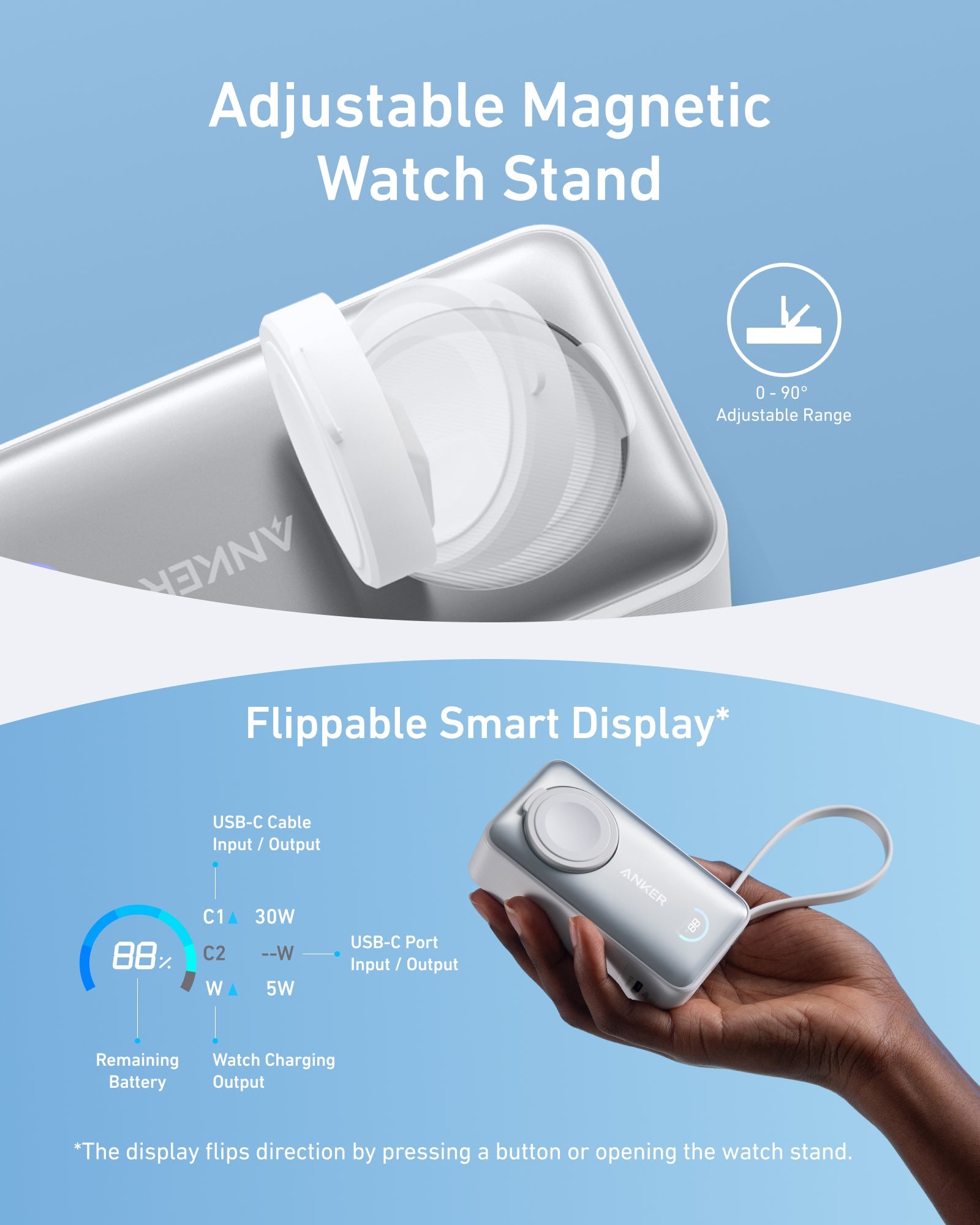 Anker MagGo 10K 35W power bank for Apple Watch, compact white portable charger with magnetic attachment for Apple devices