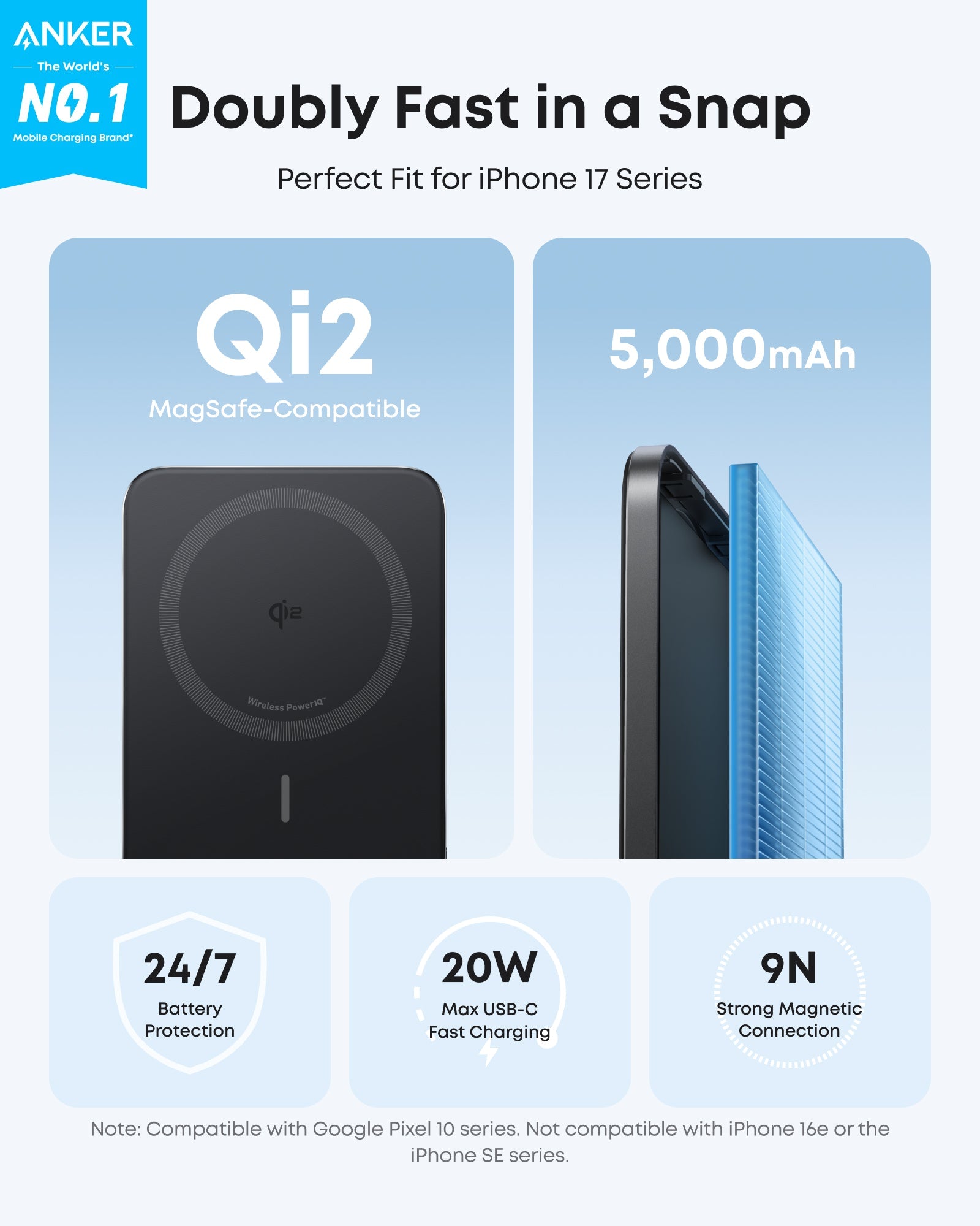 Anker Nano 5K MagGo slim power bank with USB-C port, compact design, and matte black finish.