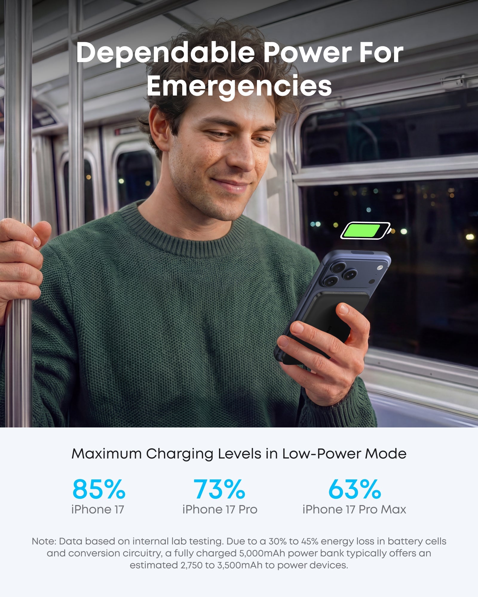 Anker Nano 5K MagGo slim power bank with compact design and USB-C port, shown in a sleek black finish.