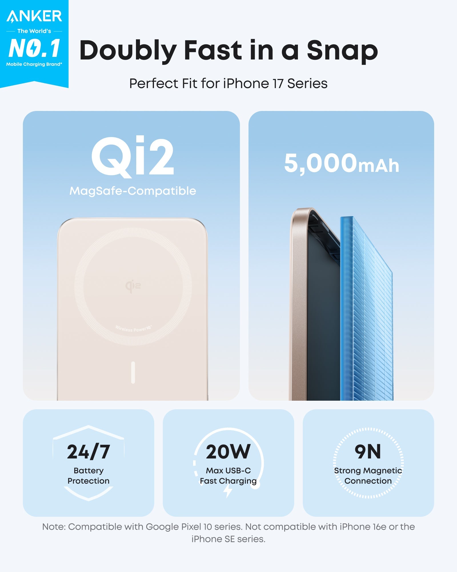 Anker Nano 5K MagGo slim power bank with USB-C port and magnetic attachment for portable charging.