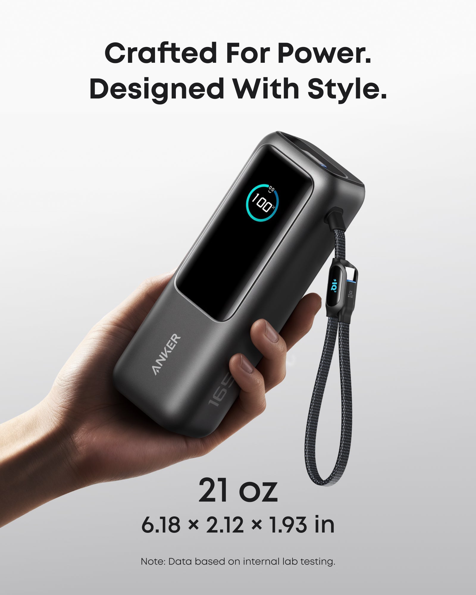 Anker 25K laptop power bank with 165W output, built-in retractable cables, compact portable design, and multiple charging ports.