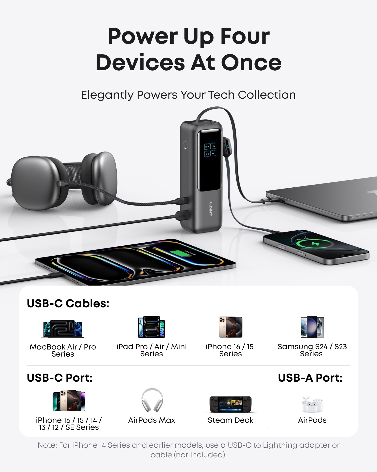 Anker 25K 165W laptop power bank with built-in and retractable cables, portable charging device for laptops and devices