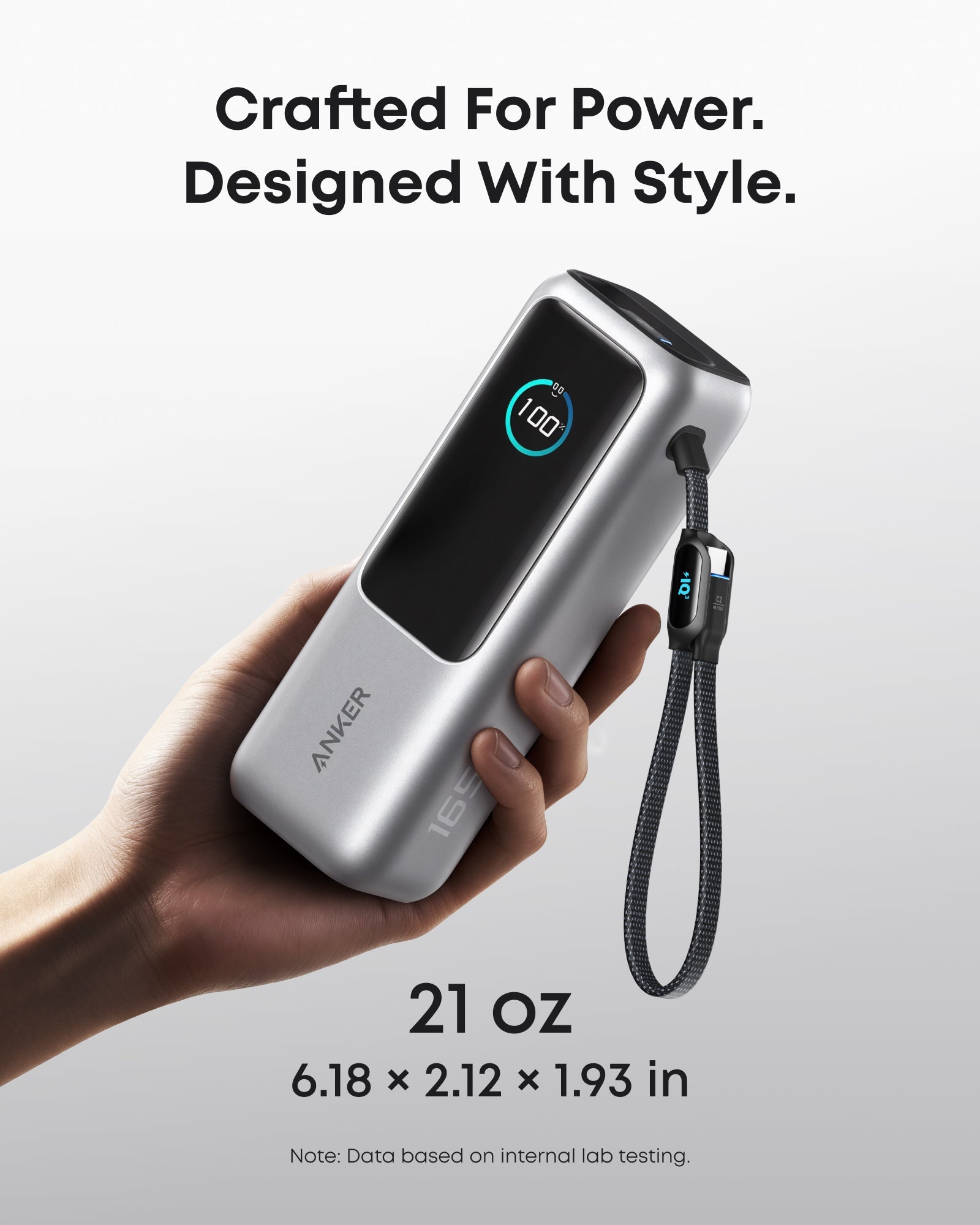 Anker 25K laptop power bank with 165W output, built-in retractable cables, compact design, and multiple charging ports.
