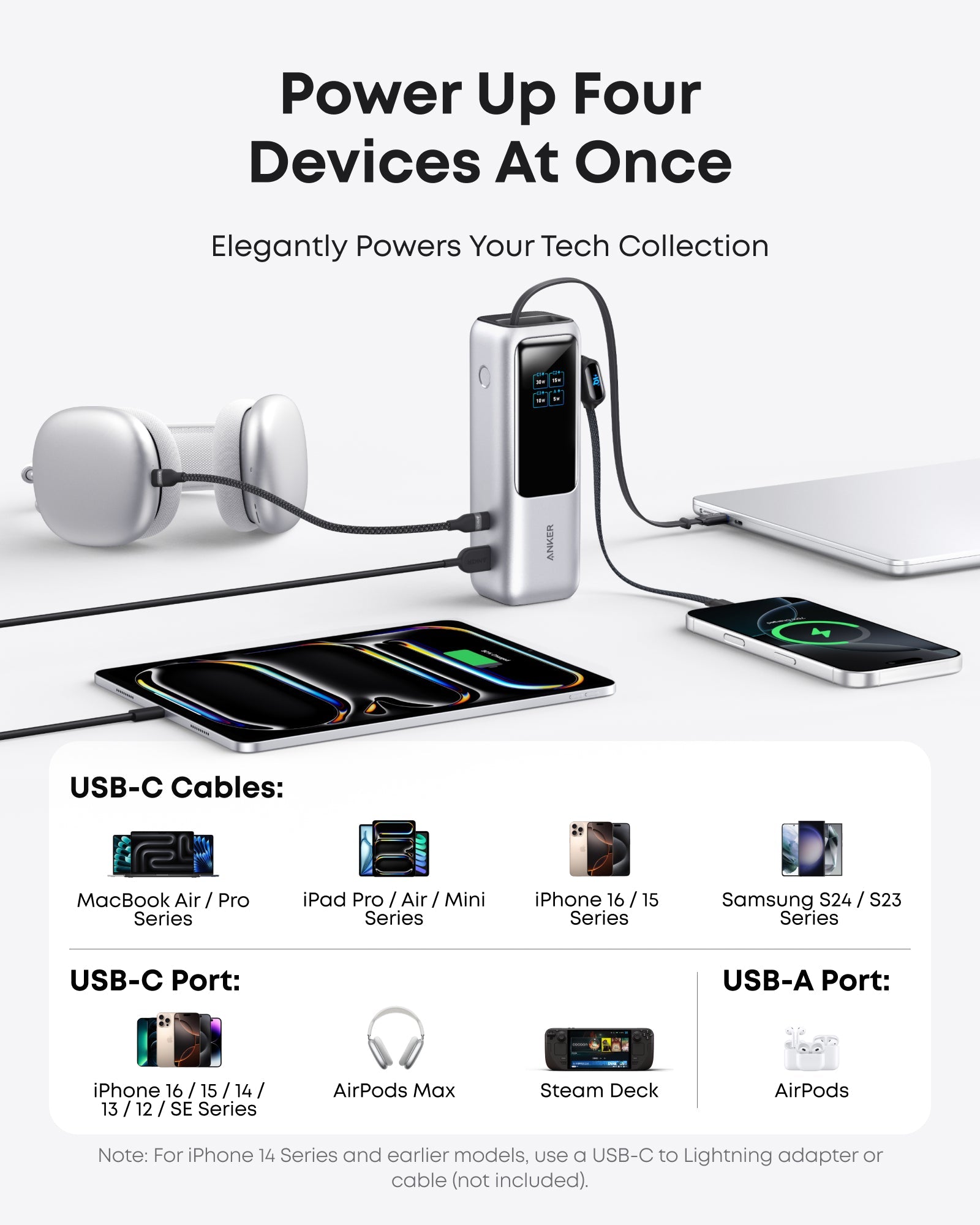 Anker 25,000mAh laptop power bank with 165W output, built-in and retractable cables for portable device charging.