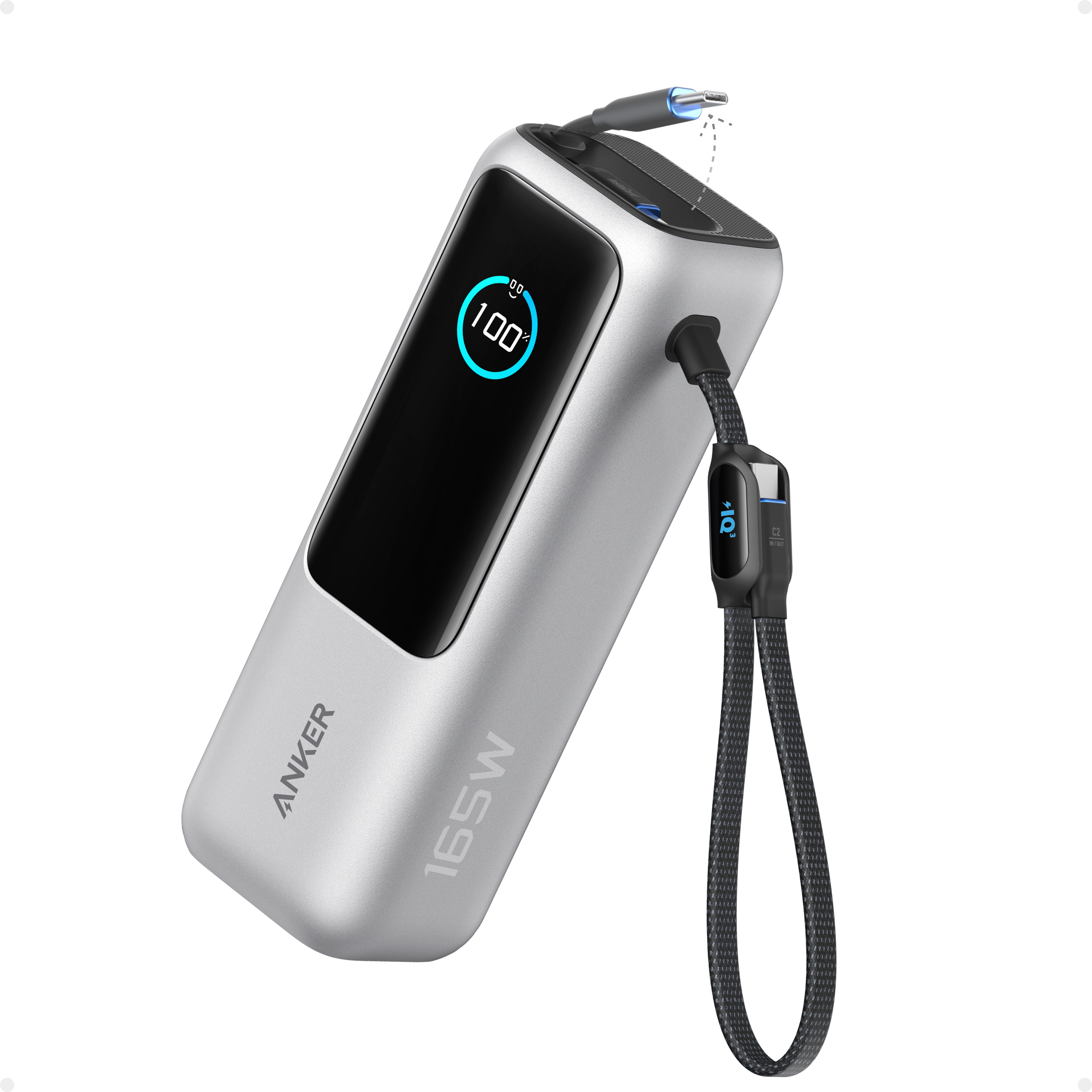 Anker 25K 165W Laptop Power Bank with built-in retractable cables, compact design, and multiple charging ports for portable power.