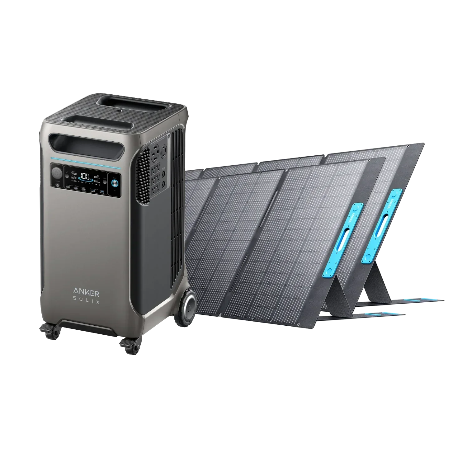 Anker SOLIX F3800 solar generator with 400W portable solar panels by Green Vista Living, showing the sleek solar power system outdoors.