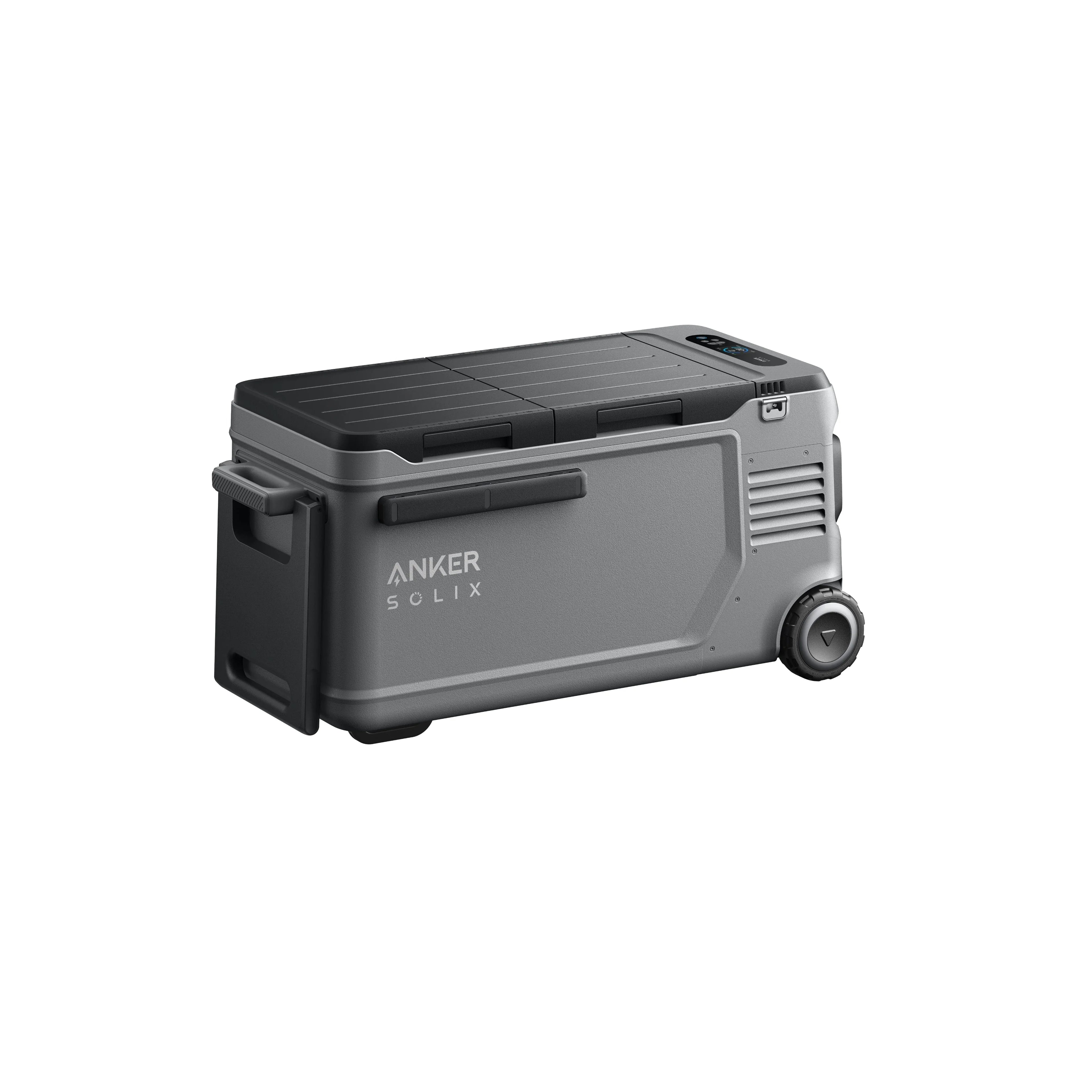 Green Vista Living Anker SOLIX EverFrost 2 58L cooler with sturdy handle and sleek design, ideal for outdoor adventures.