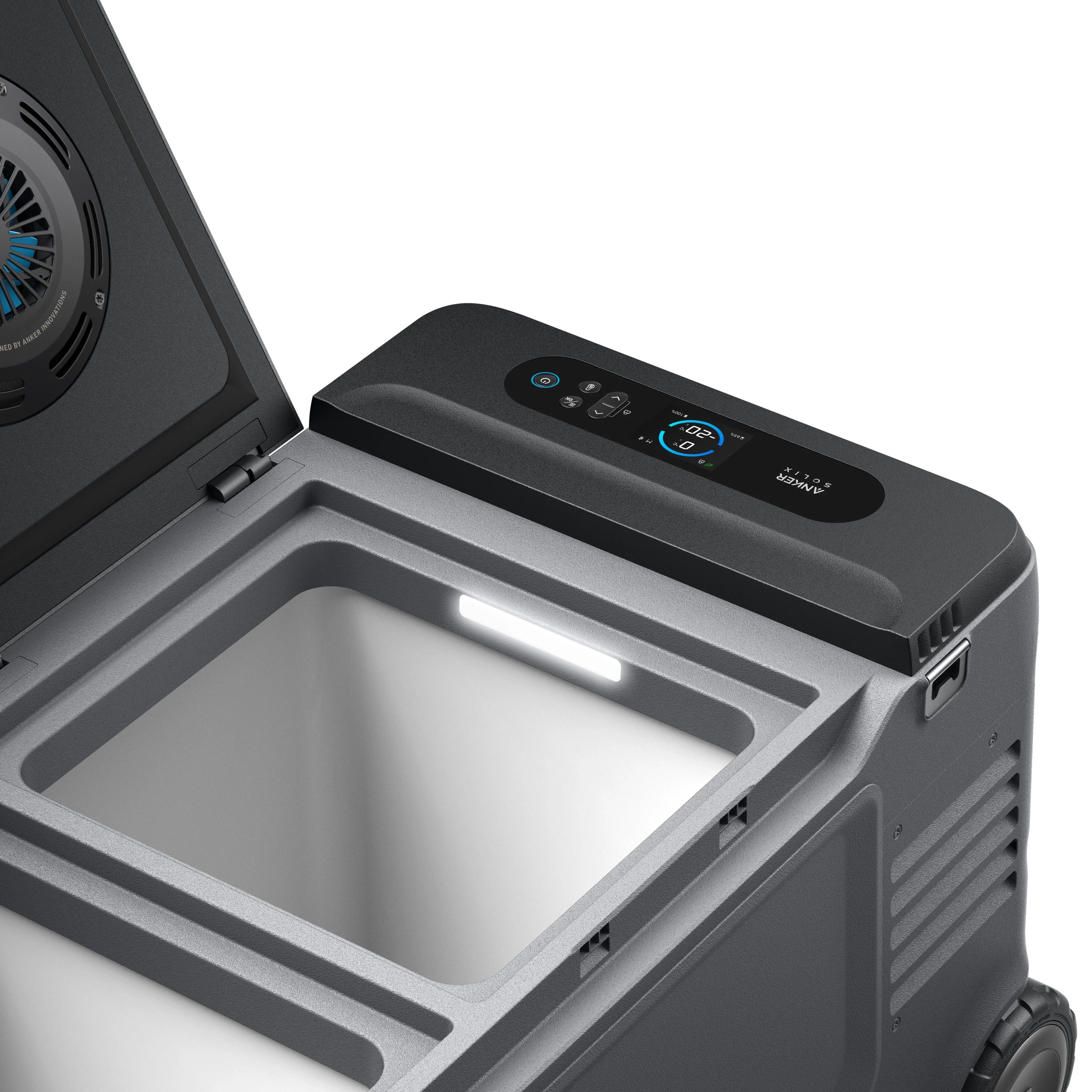 Green Vista Living Anker SOLIX EverFrost 2 58L cooler with sturdy handles and a sleek design, ideal for outdoor cooling needs.