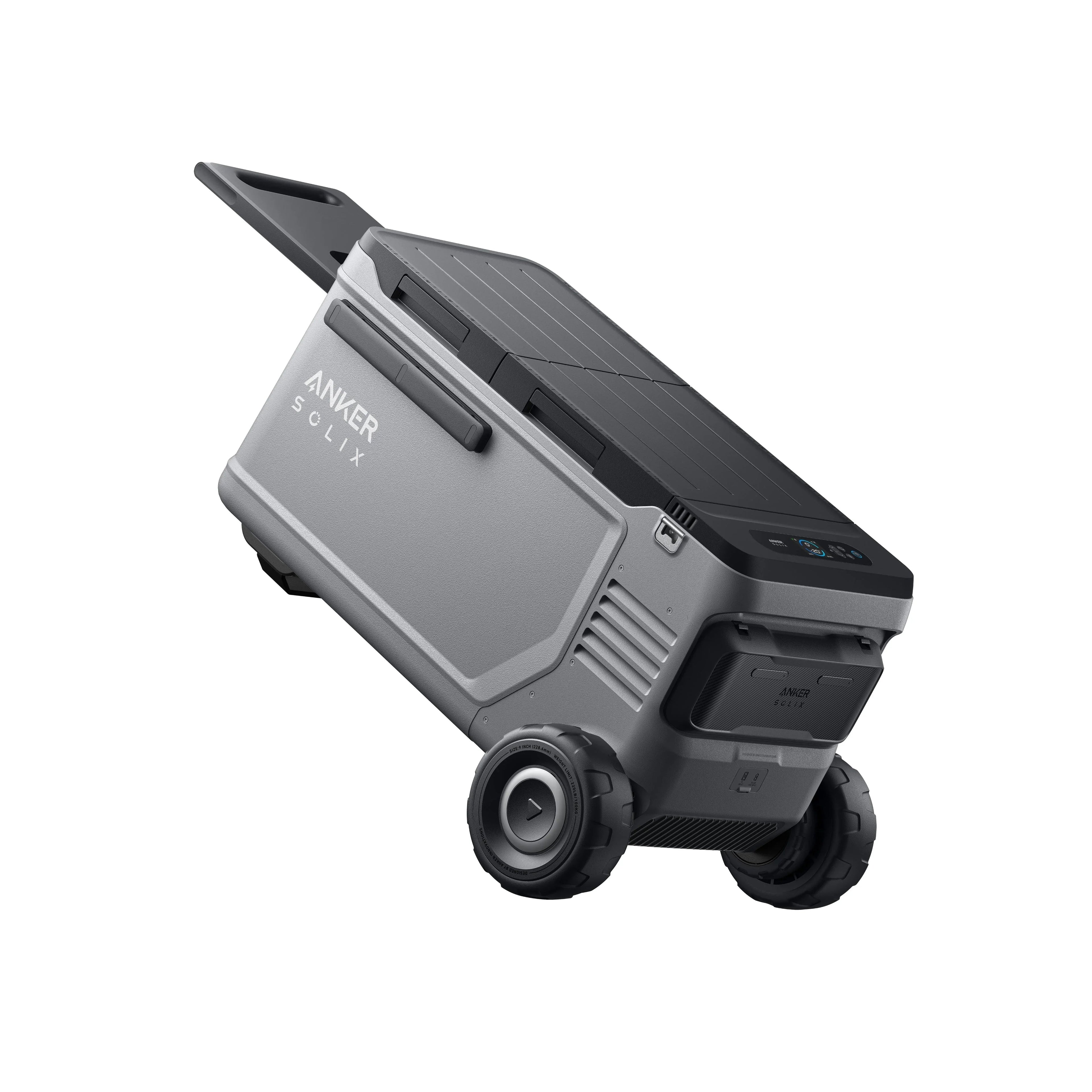 Green Vista Living Anker SOLIX EverFrost 2 58L cooler with sturdy handles and digital display, ideal for outdoor adventures.