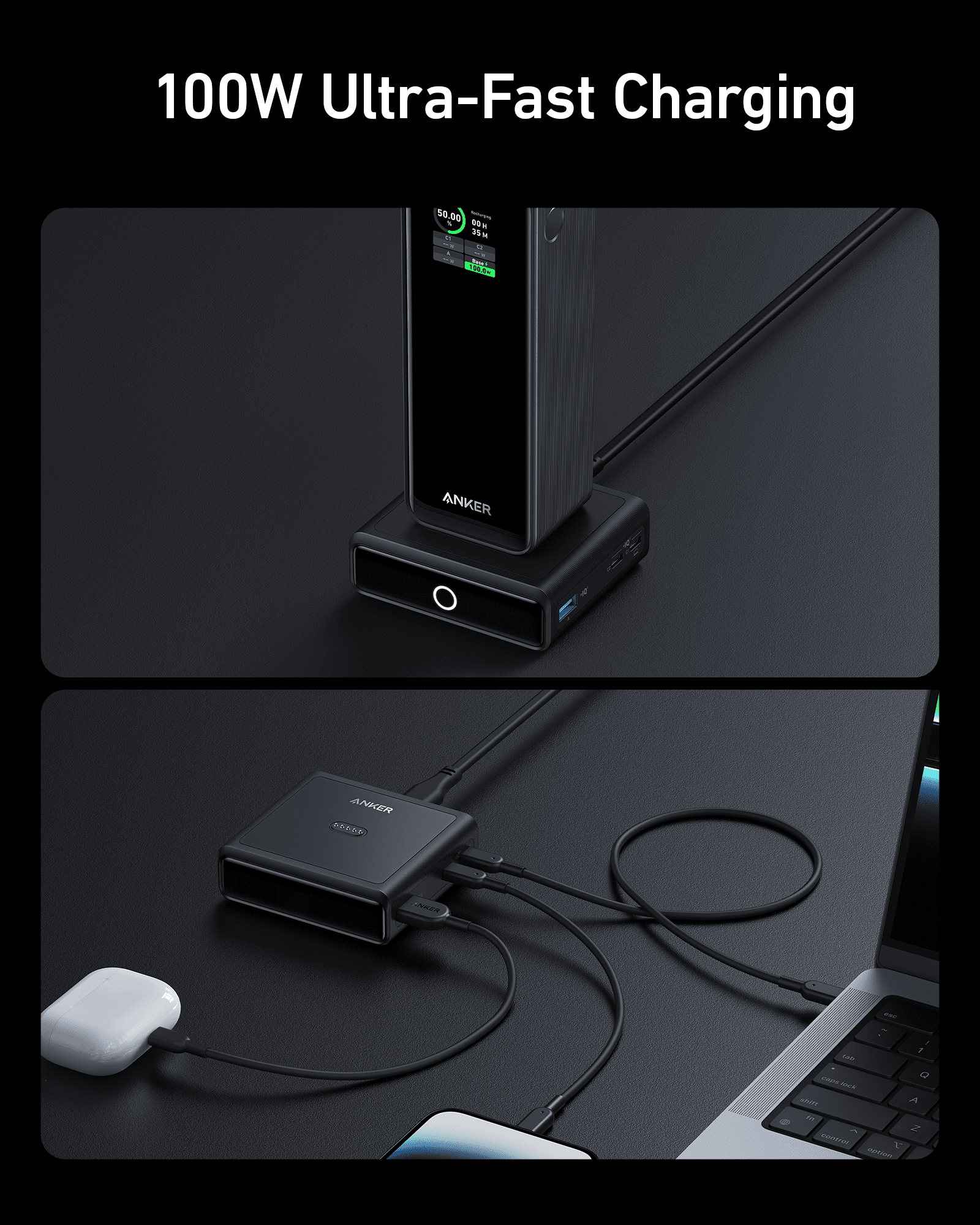 Anker 100W Charging Base for Anker Prime Power Bank with sleek design and LED indicator light.