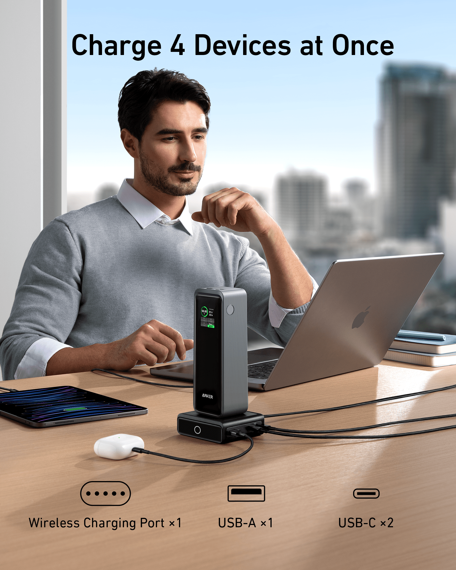 Anker 100W Charging Base designed for Anker Prime Power Bank, showcasing sleek design and power connectivity features.