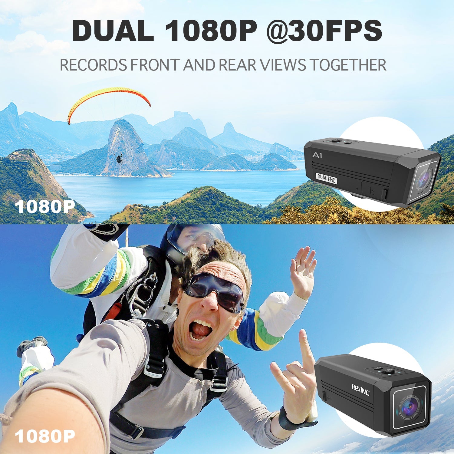 Rexing A1 outdoor two-way action camera with front and back lenses, 1080p video at 30fps, Wi-Fi connectivity, outdoor use.