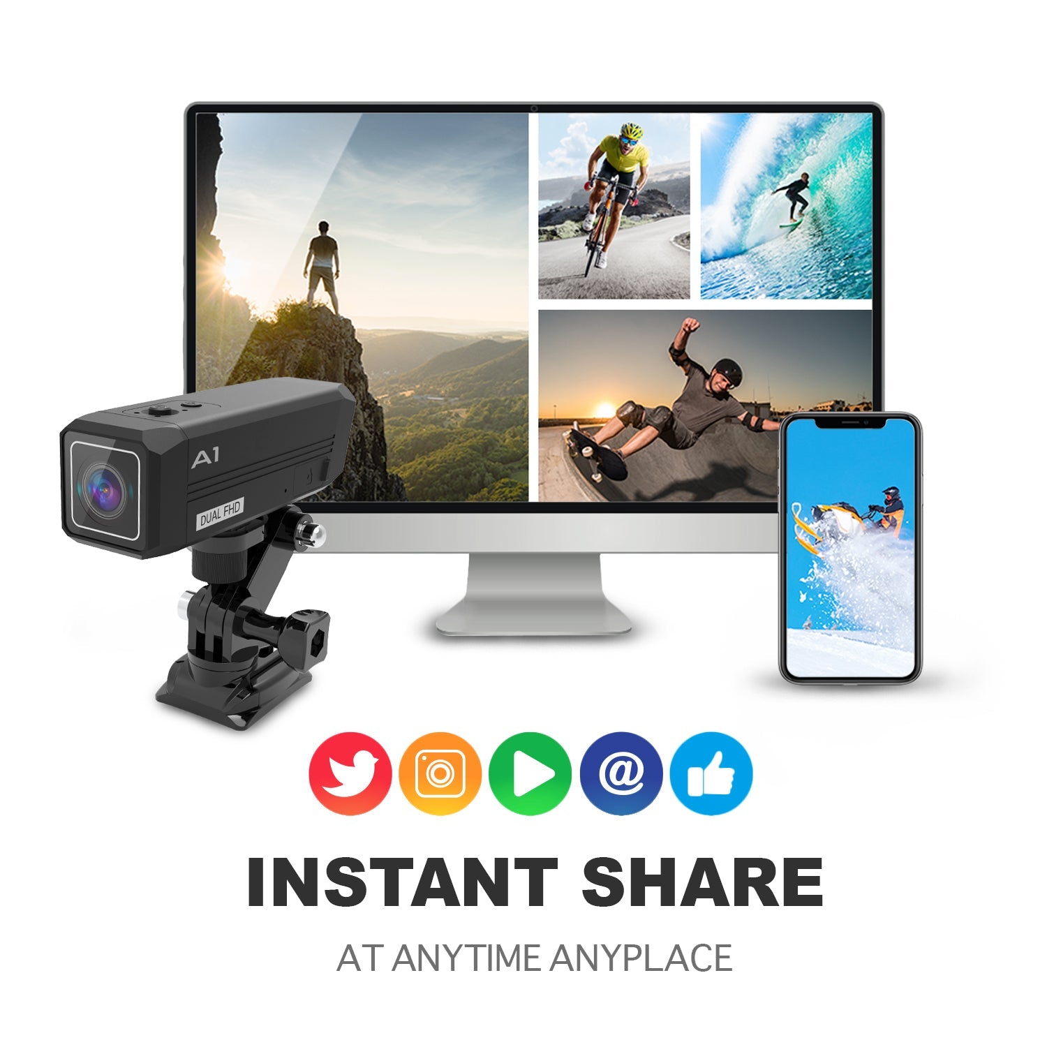 Rexing A1 two-way outdoor action camera with front and back 1080p video, Wi-Fi connectivity, mounted outdoors with protective casing