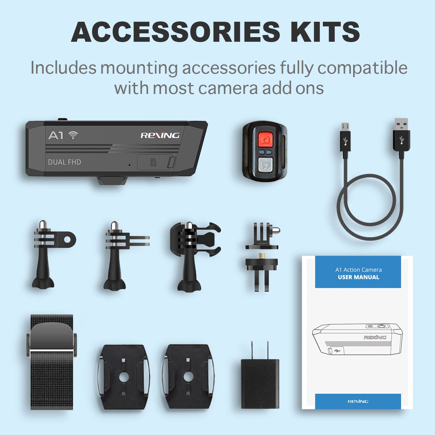 Rexing A1 outdoor two-way action camera showing front and back views with dual lenses and Wi-Fi connectivity.