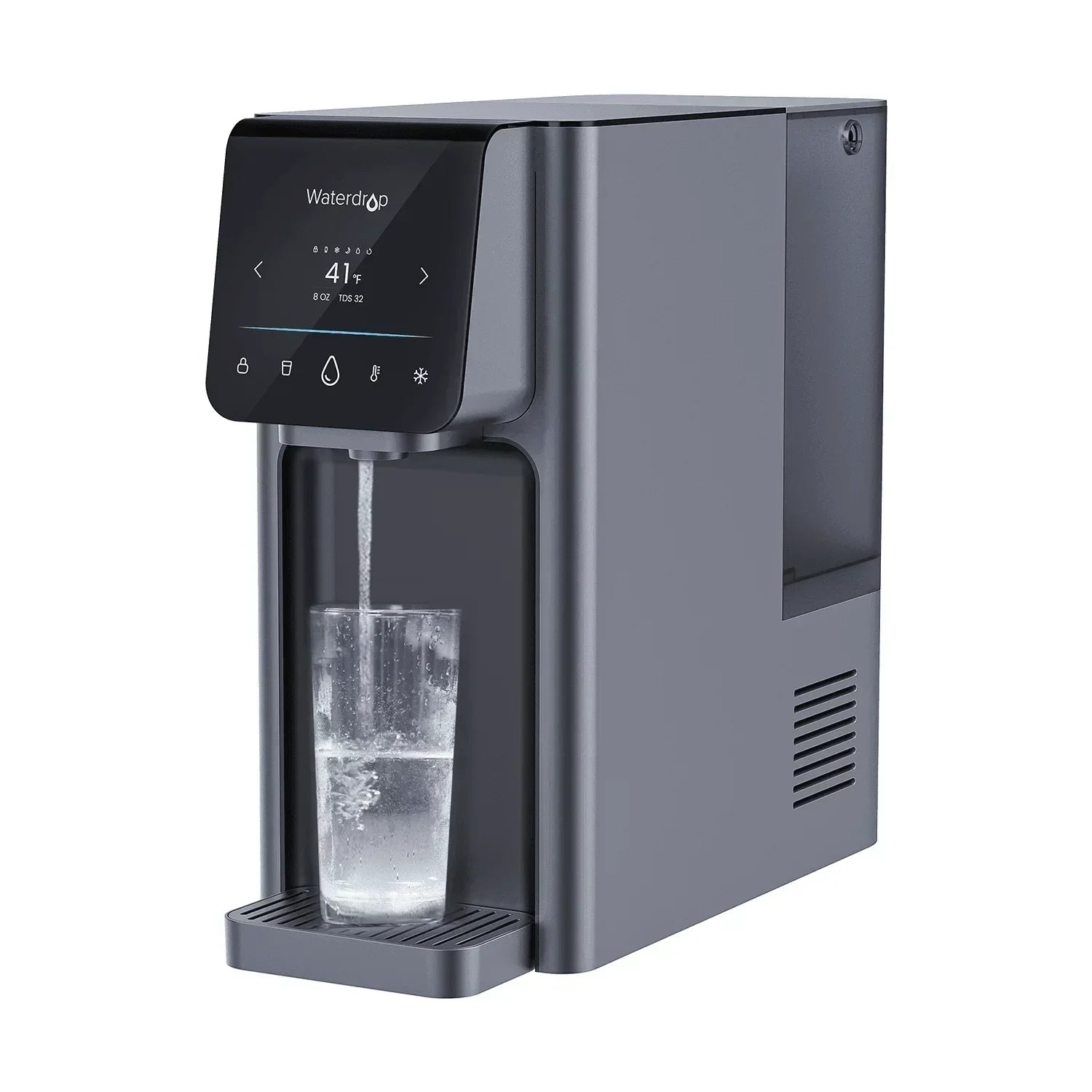 Green Vista Living Waterdrop reverse osmosis hot and cold water dispenser with sleek design and digital controls.