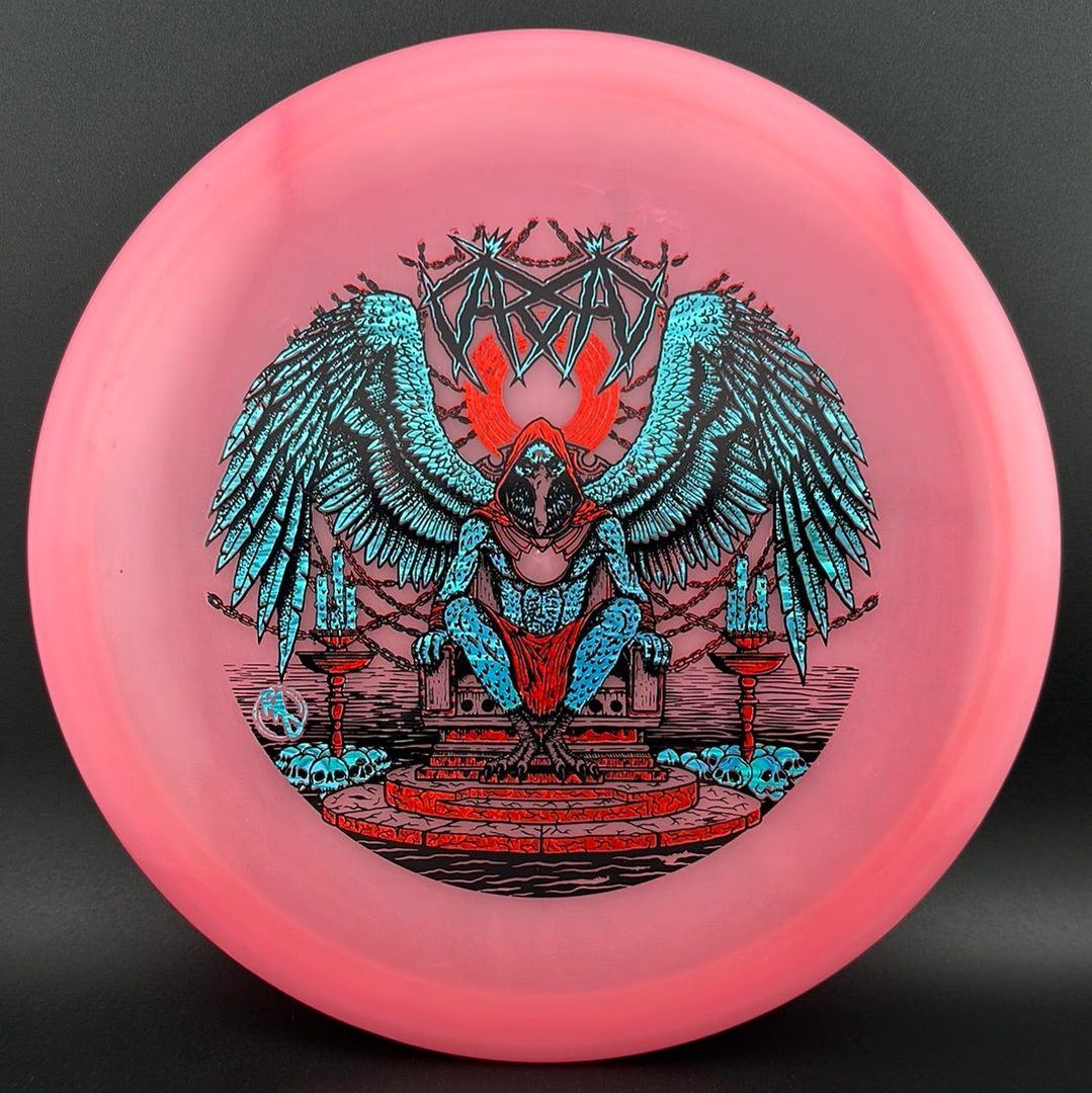 ESP Glo Buzzz disc golf disc by Ripper Studios featuring Karudi the Overseer design in vibrant glow finish.
