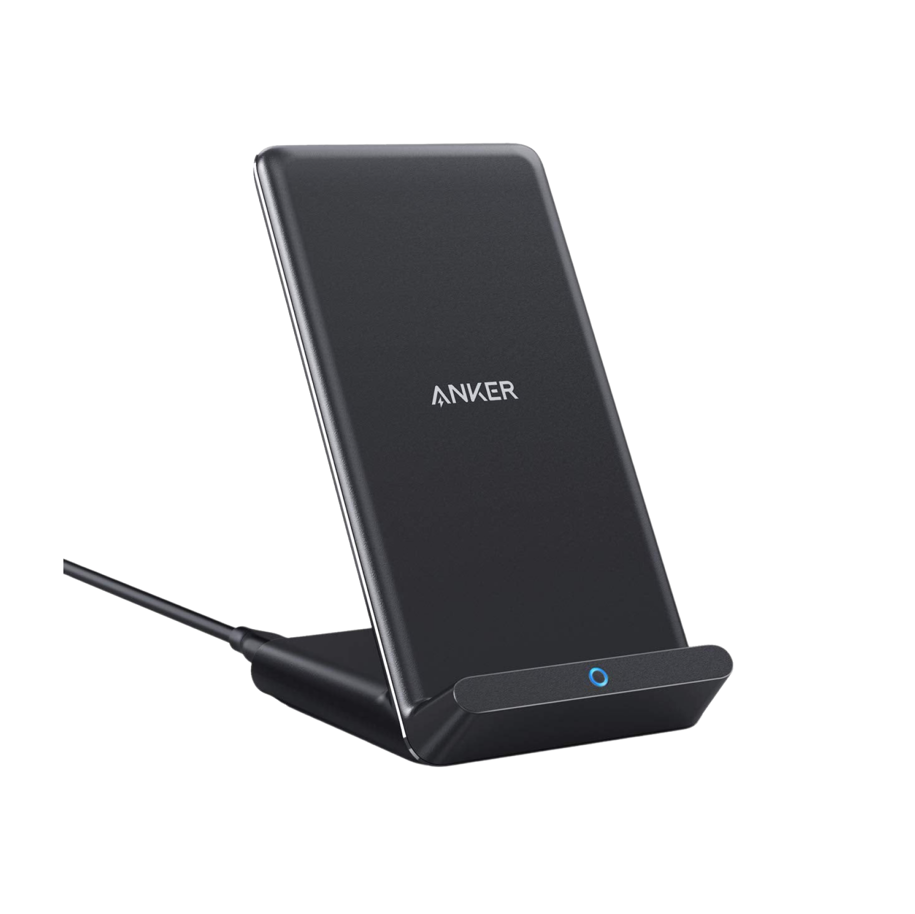 Anker 313 Wireless Charger stand for charging smartphones wirelessly, featuring a sleek vertical stand design.