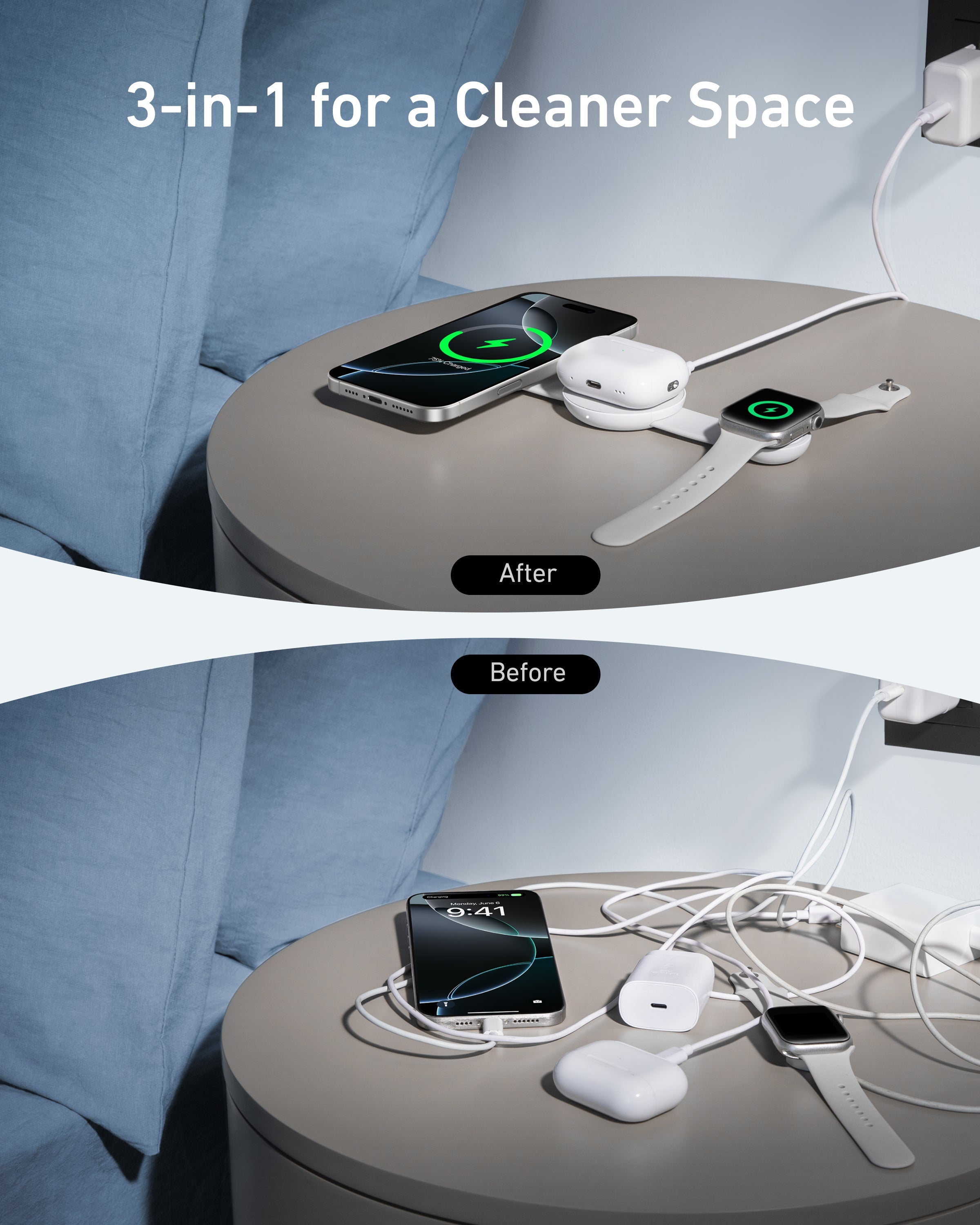 Anker MagGo 3-in-1 wireless charging station with foldable pad, designed for charging smartphones, smartwatches, and earbuds.