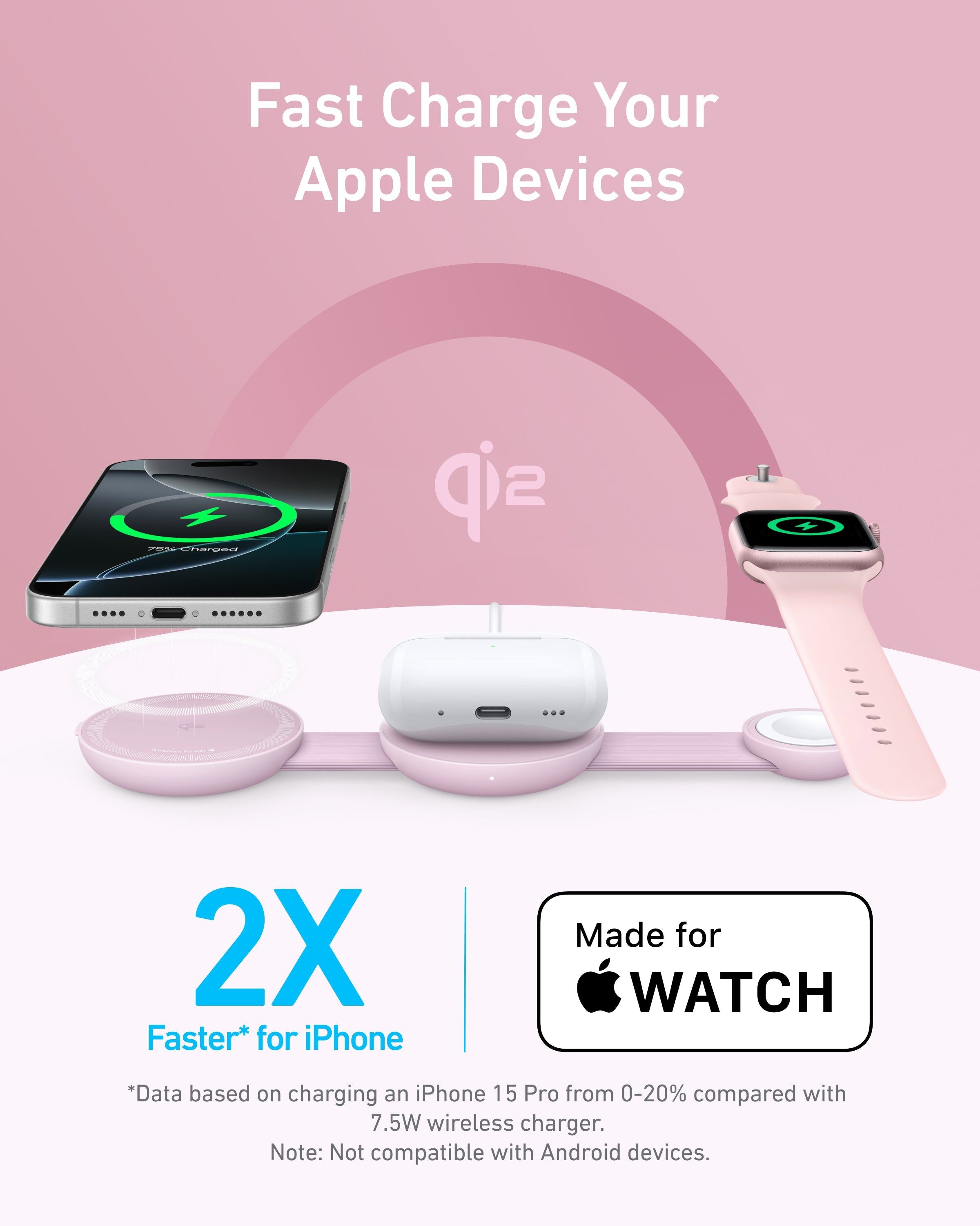 Anker MagGo wireless charging station 3-in-1 foldable pad with charging areas for phone, watch, and earbuds on a white surface.