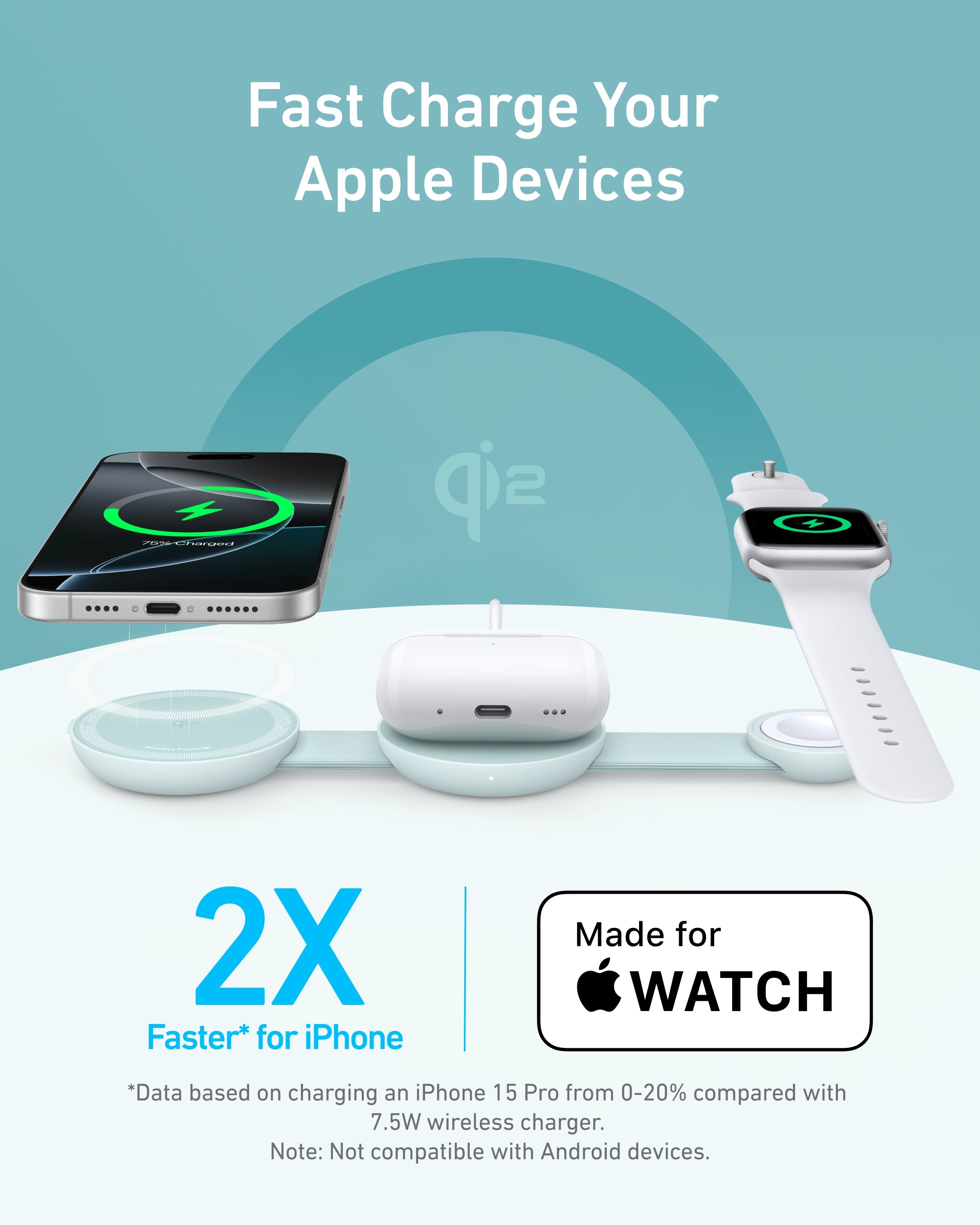 Anker MagGo 3-in-1 wireless charging station with foldable pad for charging phone, watch, and earbuds simultaneously.