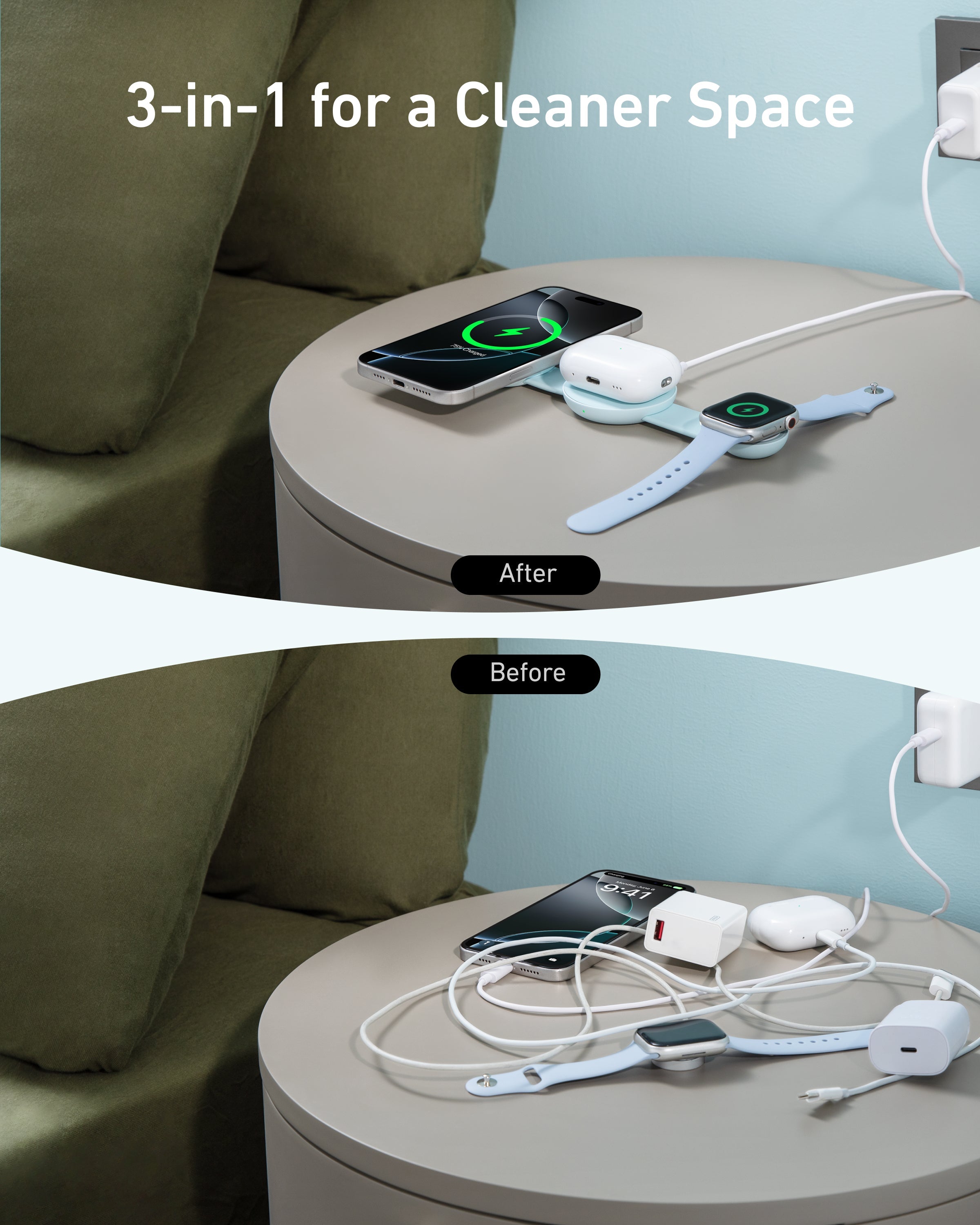 Anker MagGo 3-in-1 wireless charging station with foldable pad for charging smartphones, earbuds, and smartwatch simultaneously.