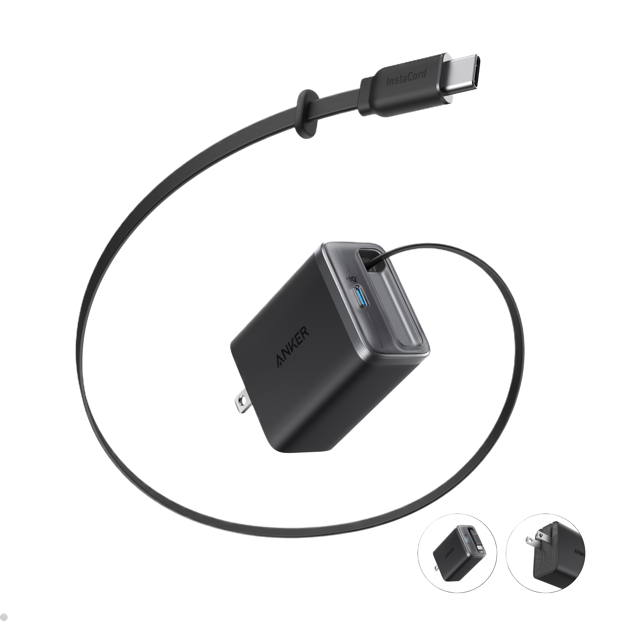 Anker Nano 35W charger with built-in retractable USB-C cable, compact and portable charging device for smartphones and tablets.