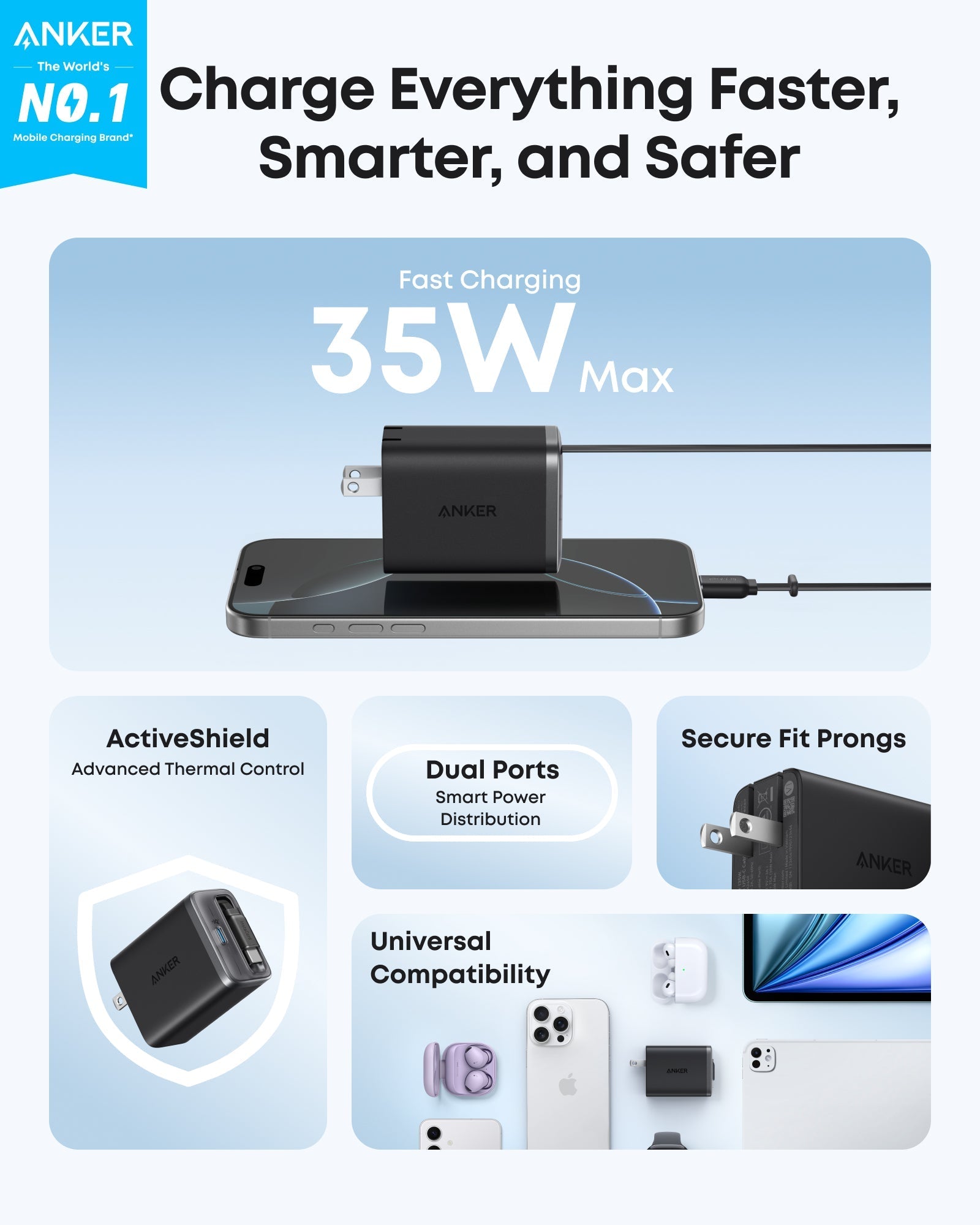 Anker Nano 35W charger with built-in retractable USB-C cable, compact design, and black finish.