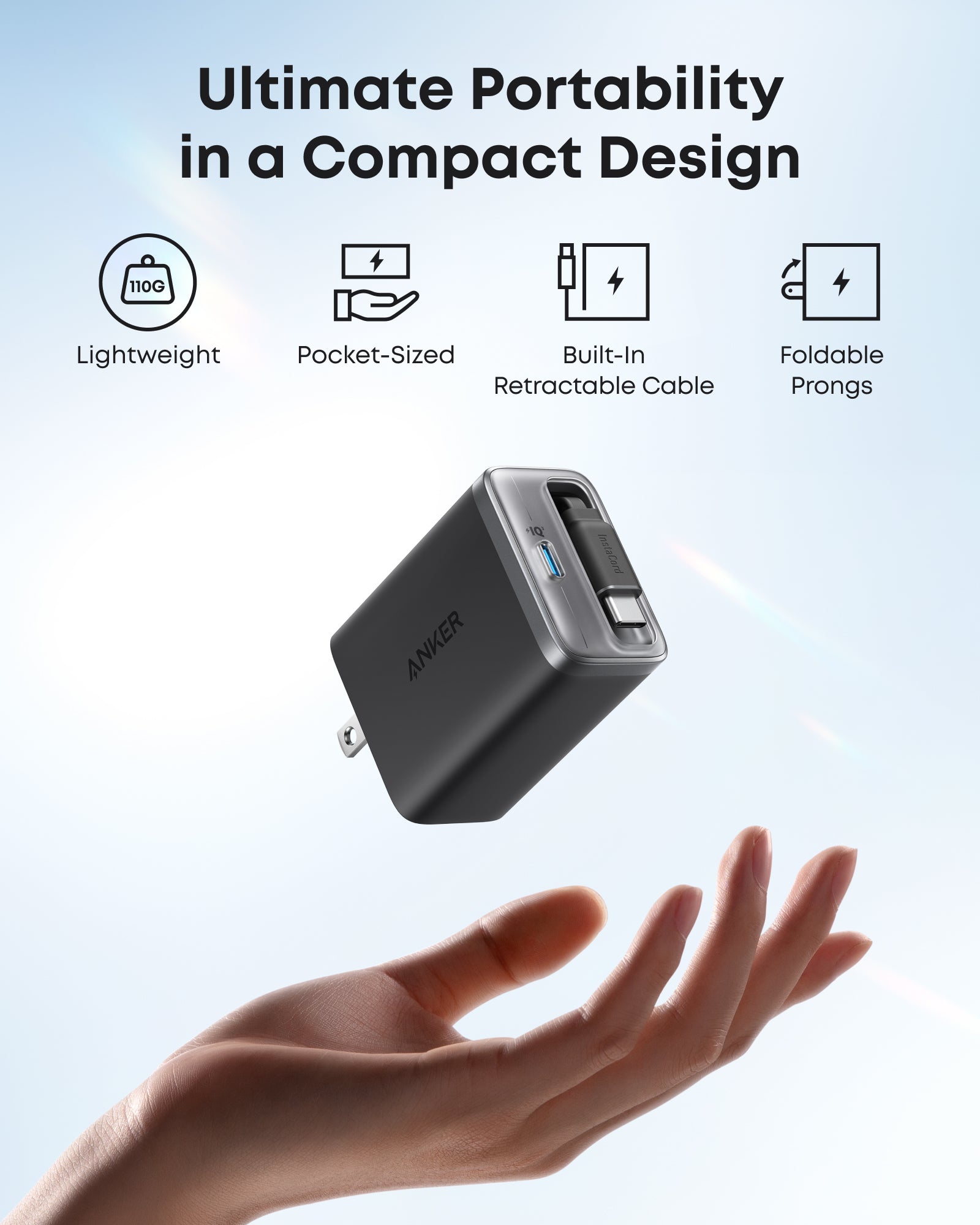Anker Nano 35W charger with built-in retractable USB-C cable, compact design, ideal for fast charging smartphones and devices.